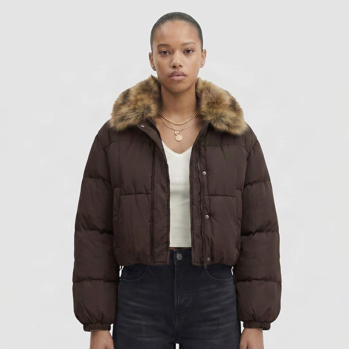Ladies Cropped Fake Fur Collar Jacket 