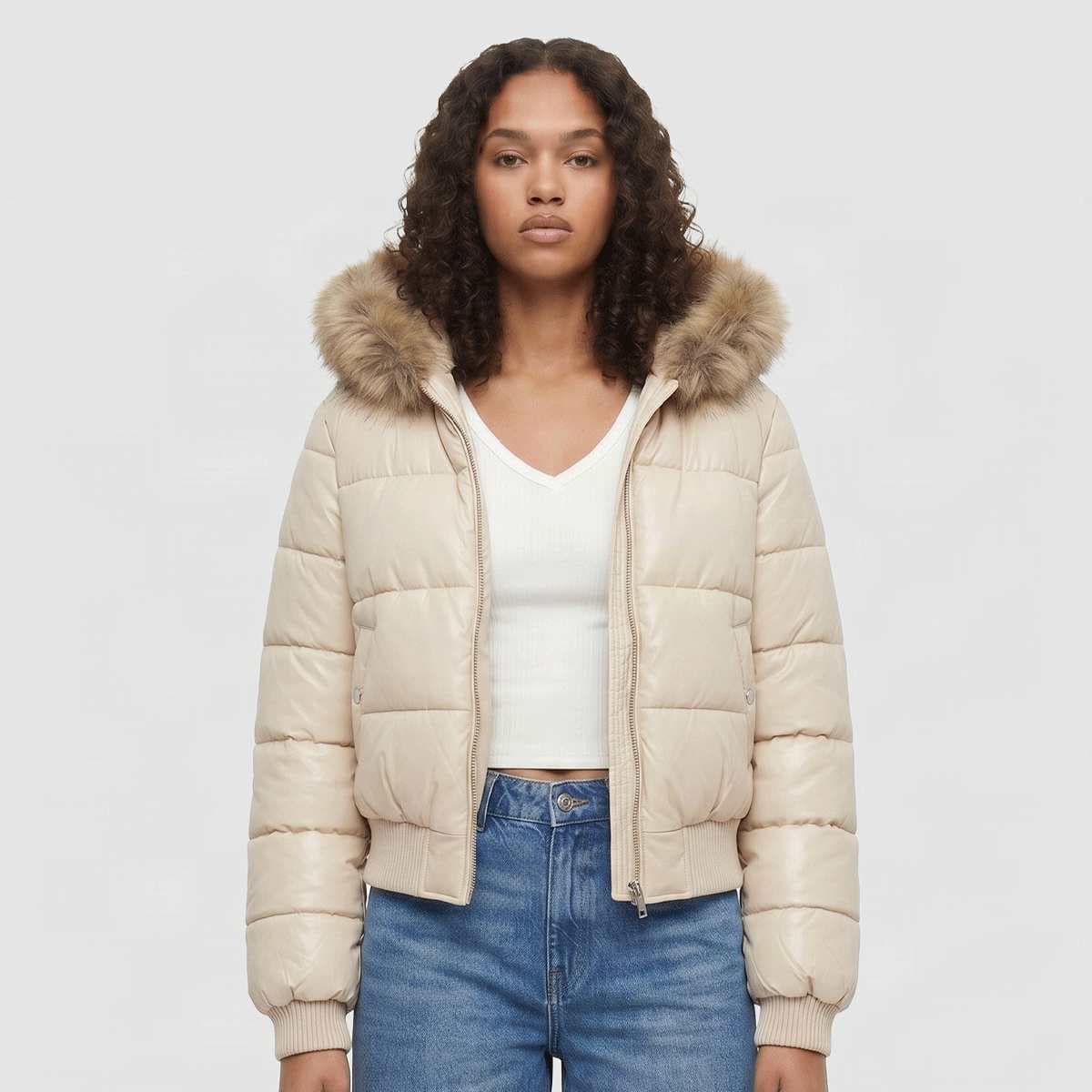 Ladies Bomber Fake Fur Hooded Jacket