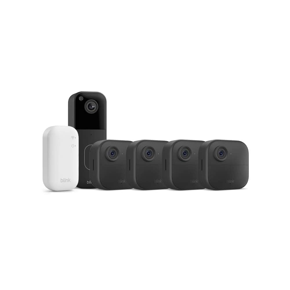 Nueva Blink Outdoor 4 + videotimbre Blink (negro): cámara de seguridad inteligente HD sin cables, 2 años de autonomía (sistema de 4 cámaras con Sync Module Core incluido)