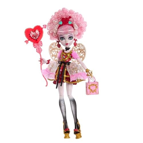 Monster High Scary Sweet Birthday-Puppe, Cupid Asteria im rosa und roten Partykleid mit themenbezogenem Zubehör wie Einladung, Luftballon, Geschenk und mehr, JBG77
