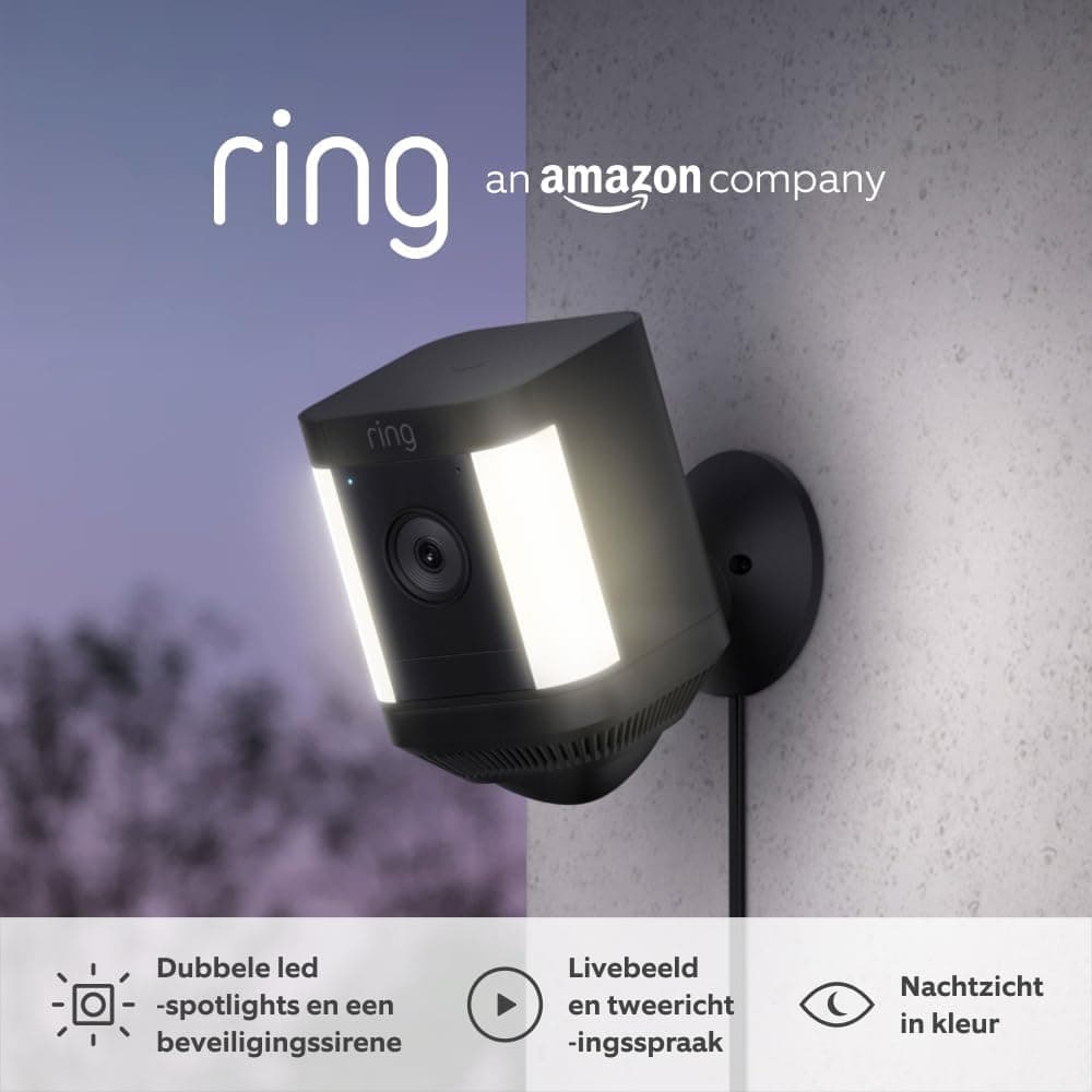 Ring cámara Plus con luces y enchufe (Spotlight Cam Plus) | Cámara de vigilancia exterior HD wifi con comunicación bidireccional, visión nocturna y focos LED | 30 días gratis de Ring Home | 2 Cámaras