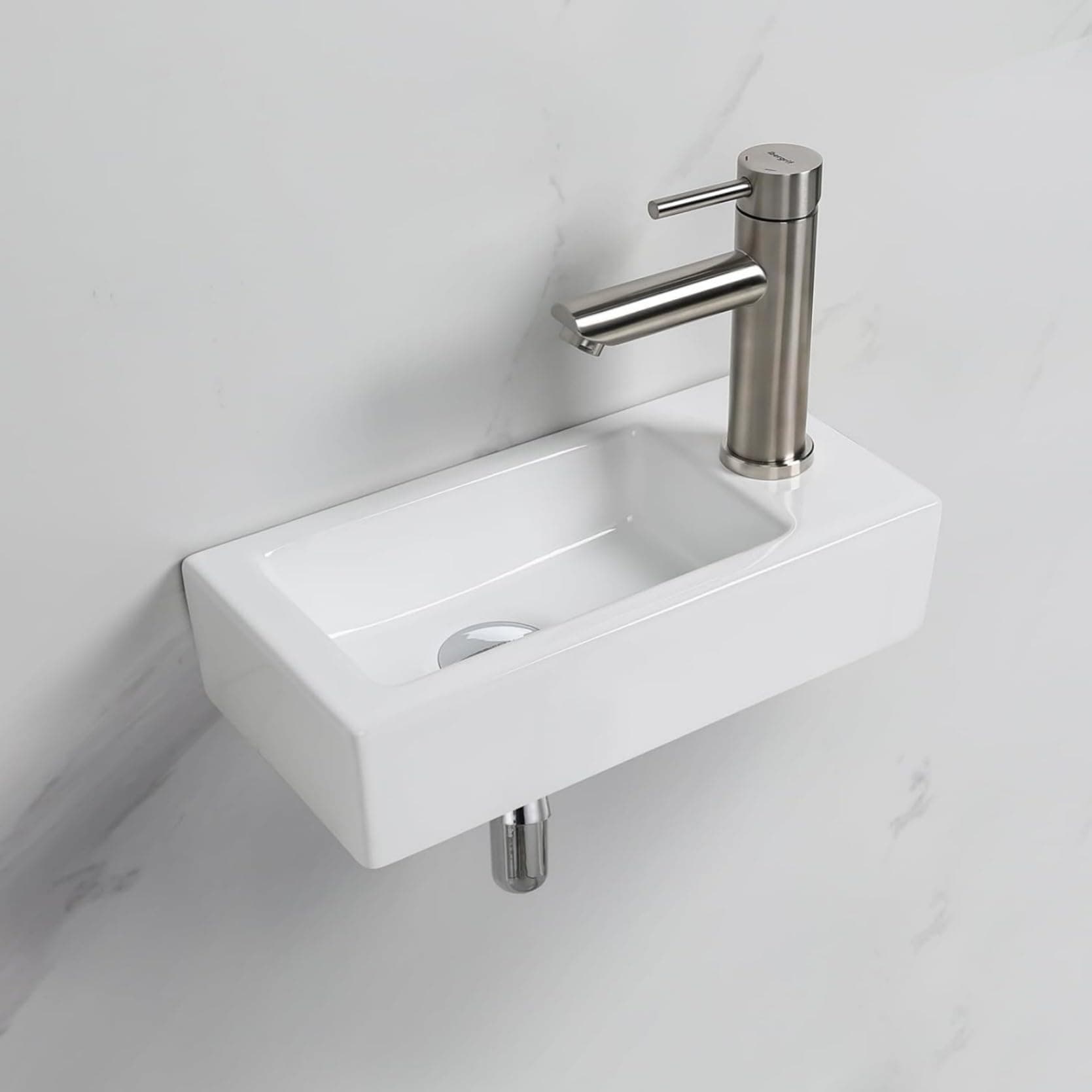 Ibergrif, M41102-R Lavabo de Cerámica Rectangular con 1 Orificio para Grifo, Lavabo de Mano Derecha Montado en la Pared, Tamaño Pequeño: 376 × 188 × 93 mm, Blanco