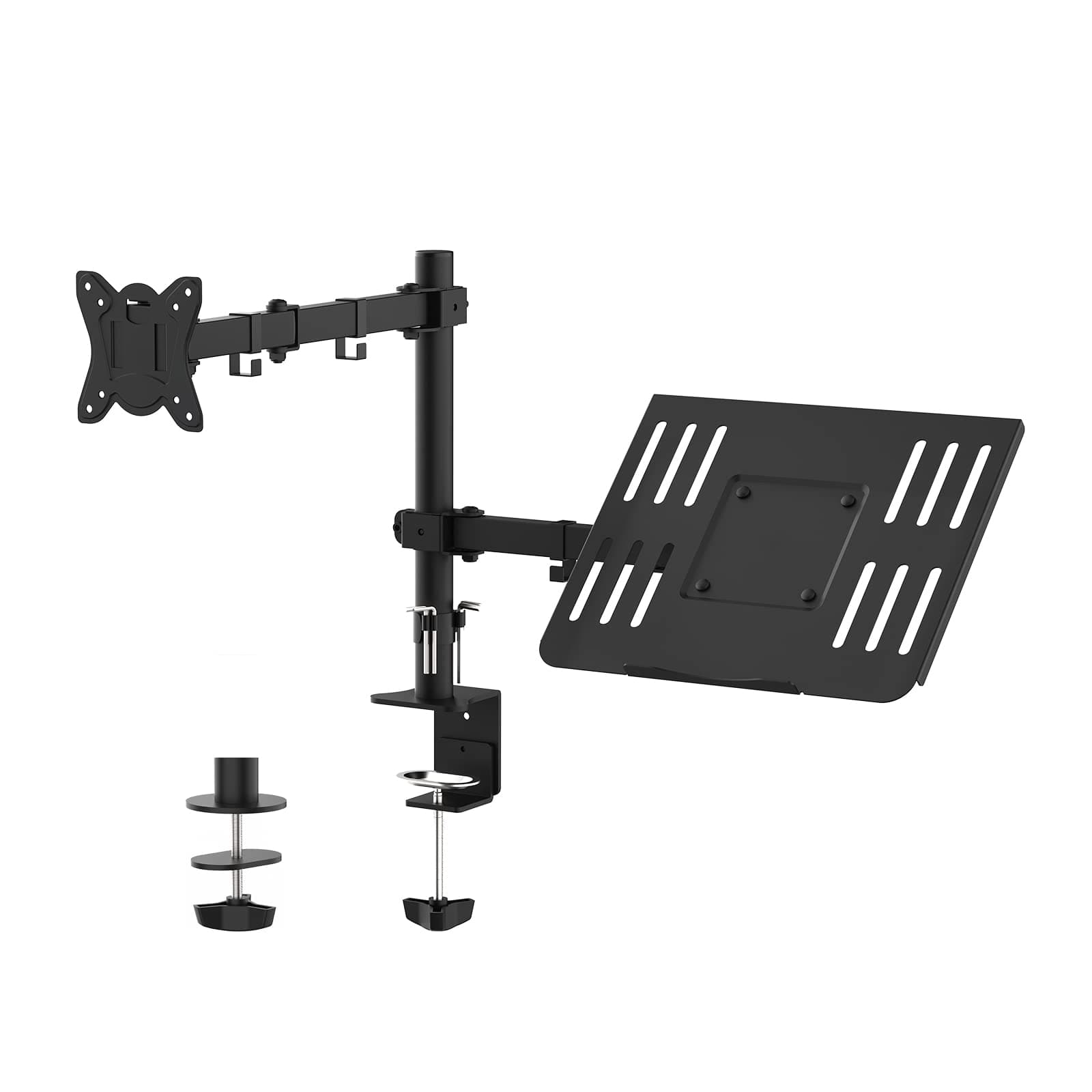 GRIFEMA Support Ecran PC 2 Ecran avec Plateau pour Ordinateur Portable, Bras Ecran PC VESA 75x75-100x100 MM, Rotation à 360°, Inclinaison d'angle de ± 90°, Réglable en Hauteur, Poids Max 10KG, Noir