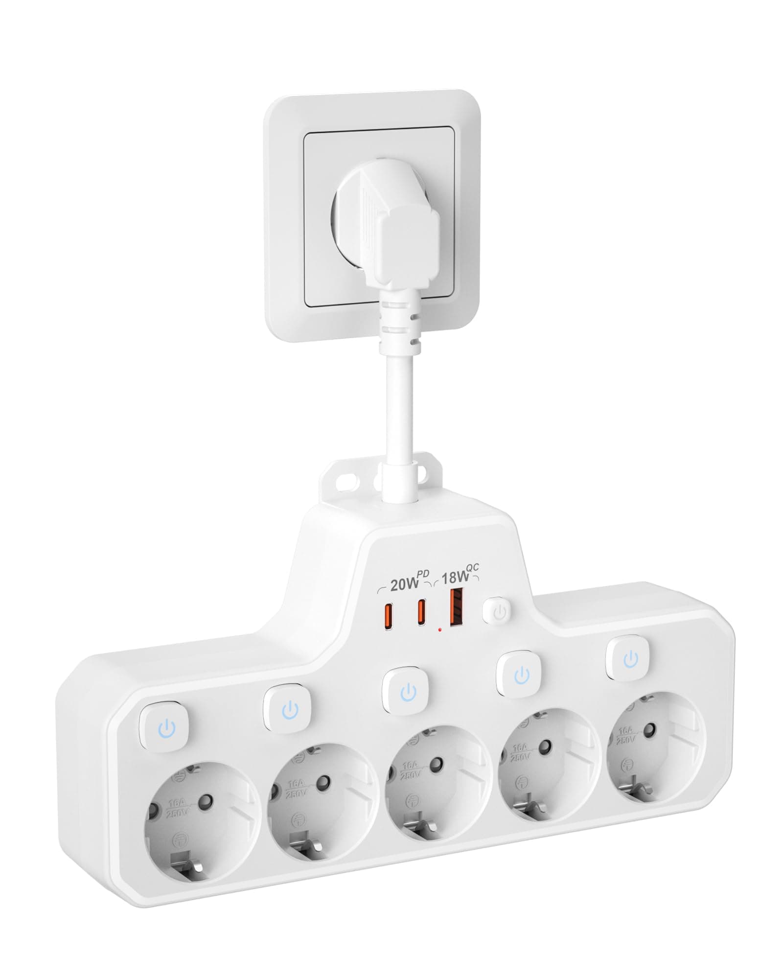 Regletas Enchufes Proteccion Sobretension, Ladron Enchufes con Interruptor,Regleta 5 Tomas con USB Carga rápida PD20W,Base Enchufe Multiple Interruptor Independiente,Enchufe Pared Cable Corto,Blanco