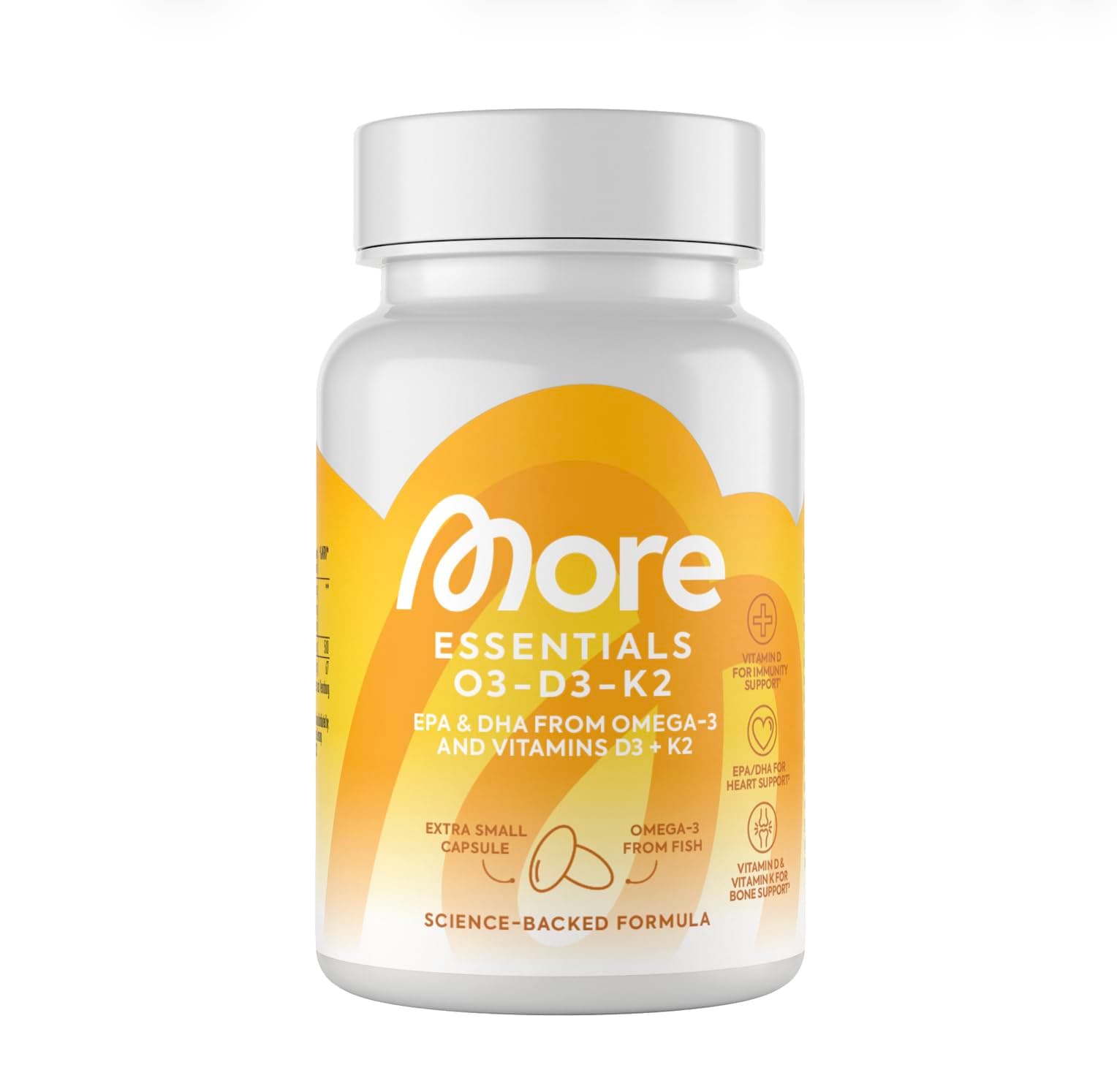 MORE Essentials O3-D3-K2, 60 Fischöl Kapseln mit 500mg EPA & 250mg DHA pro Tag, Vitamin D3 & Vitamin K2, Kapselhülle aus Rindergelatine
