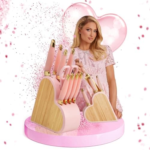 Paris Hilton – 10-teiliges Messerset aus Edelstahl mit robustem Bambus-Messerblock – Ideal für jede Küche, hohe Schnittpräzision &amp; langlebiges Design, Rosa
