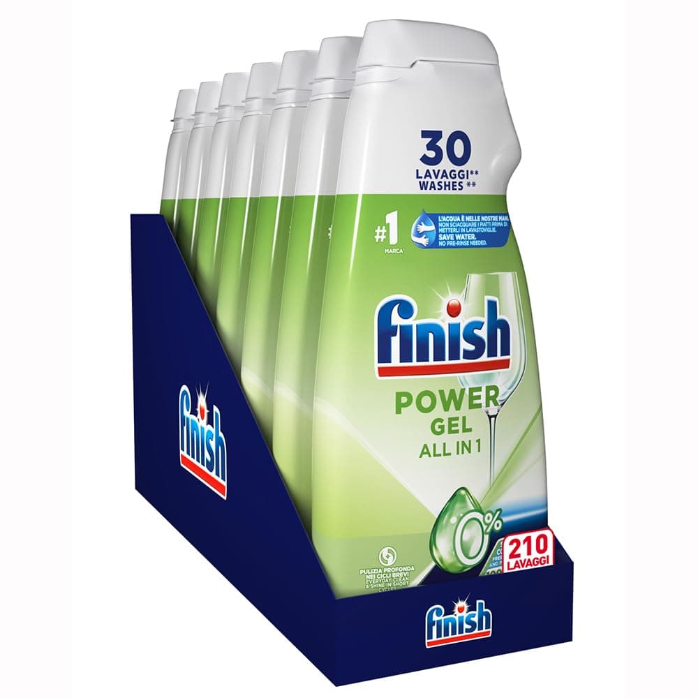 Finish Powergel Detersivo Lavastoviglie 0%, Gel Lavastoviglie, 210 Lavaggi, 7 Confezioni da 30 Lavaggi di Liquido Lavastoviglie contro lo Sporco Ostinato