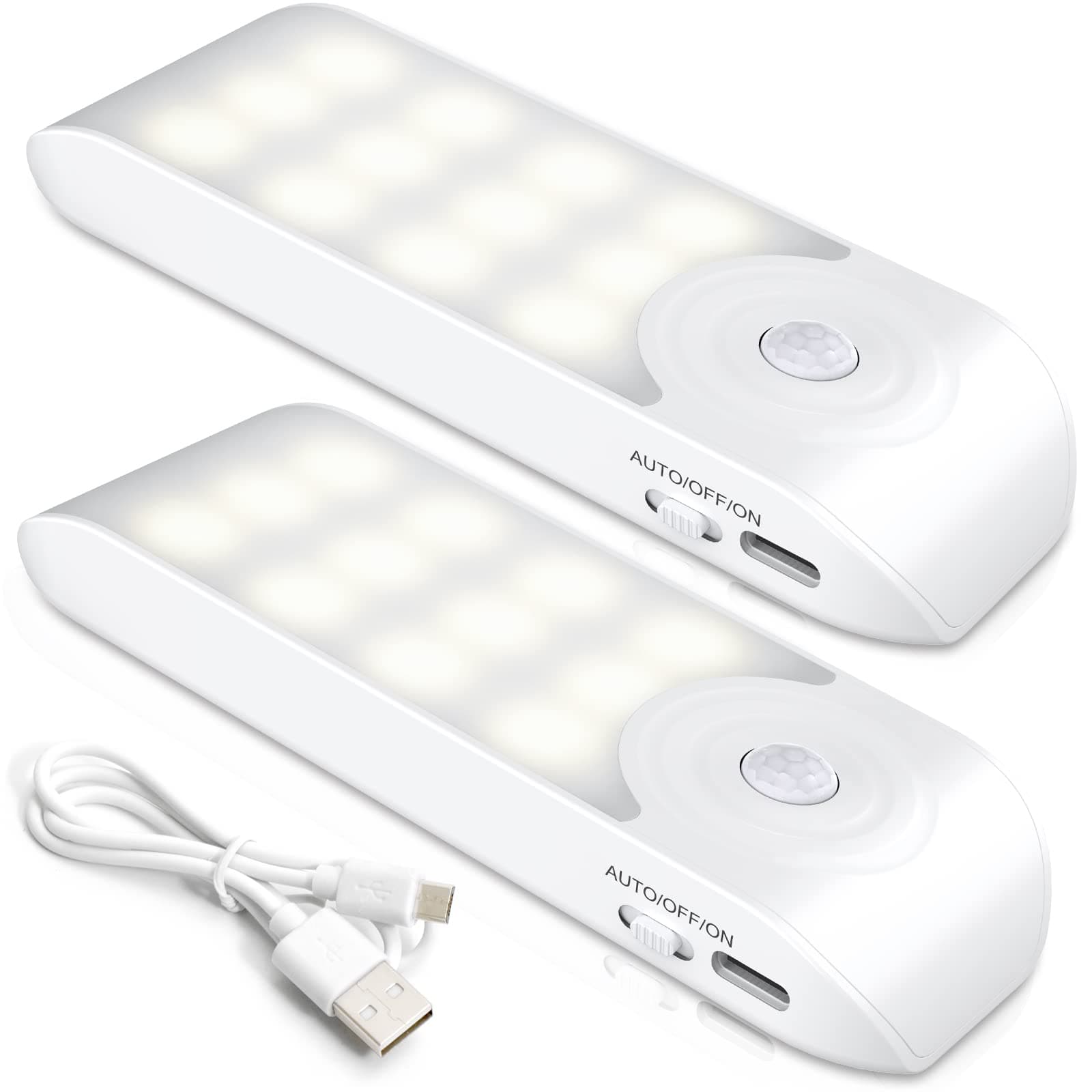 Luce Notturna(2 Pezzi), Lampada LED Ricaricabile USB con Sensore di Movimento, ON/OFF/AUTO, Luce LED con Striscia Magnetica per Armadio Soggiorno, Camere da Letto,Cucine,Corridoio