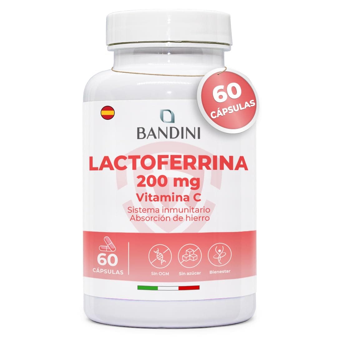 Bandini® LACTOFERRINA PURA 200 Immuno 60 Cápsulas (200 mg de Lactoferrin por CÁPSULA) - Alta Dosis con Vitamina C - Antioxidante Natural para el Sistema Inmunitario - Regula la Absorción del Hierro