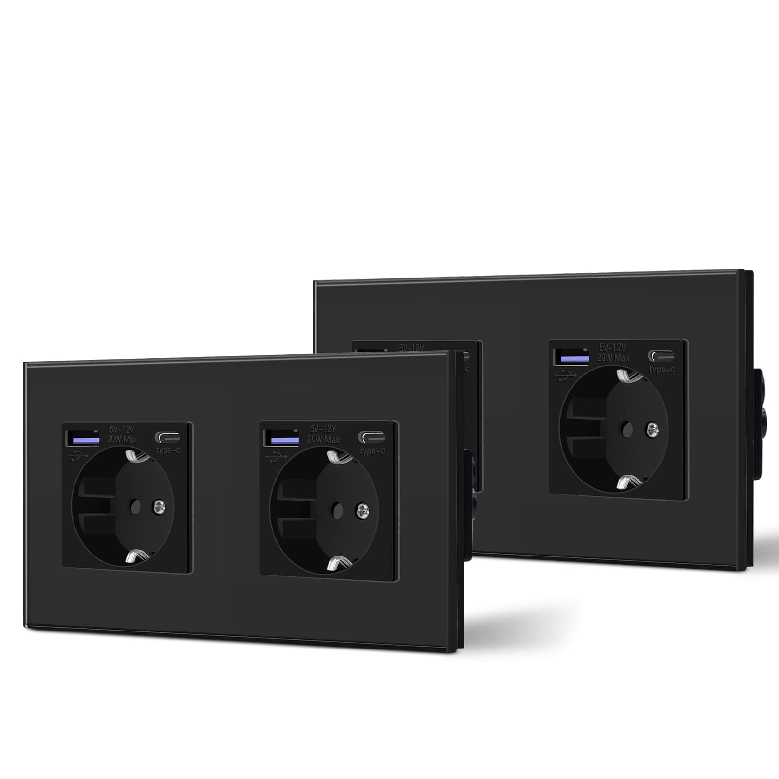 BSEED Enchufe Doble Pared con 20W USB y Tipo C,Enchufe USB C de Cristal,Carga Rápida,3 en 1，Fácil Instalación,2 Enchufes-2 Pack,157mm Negro