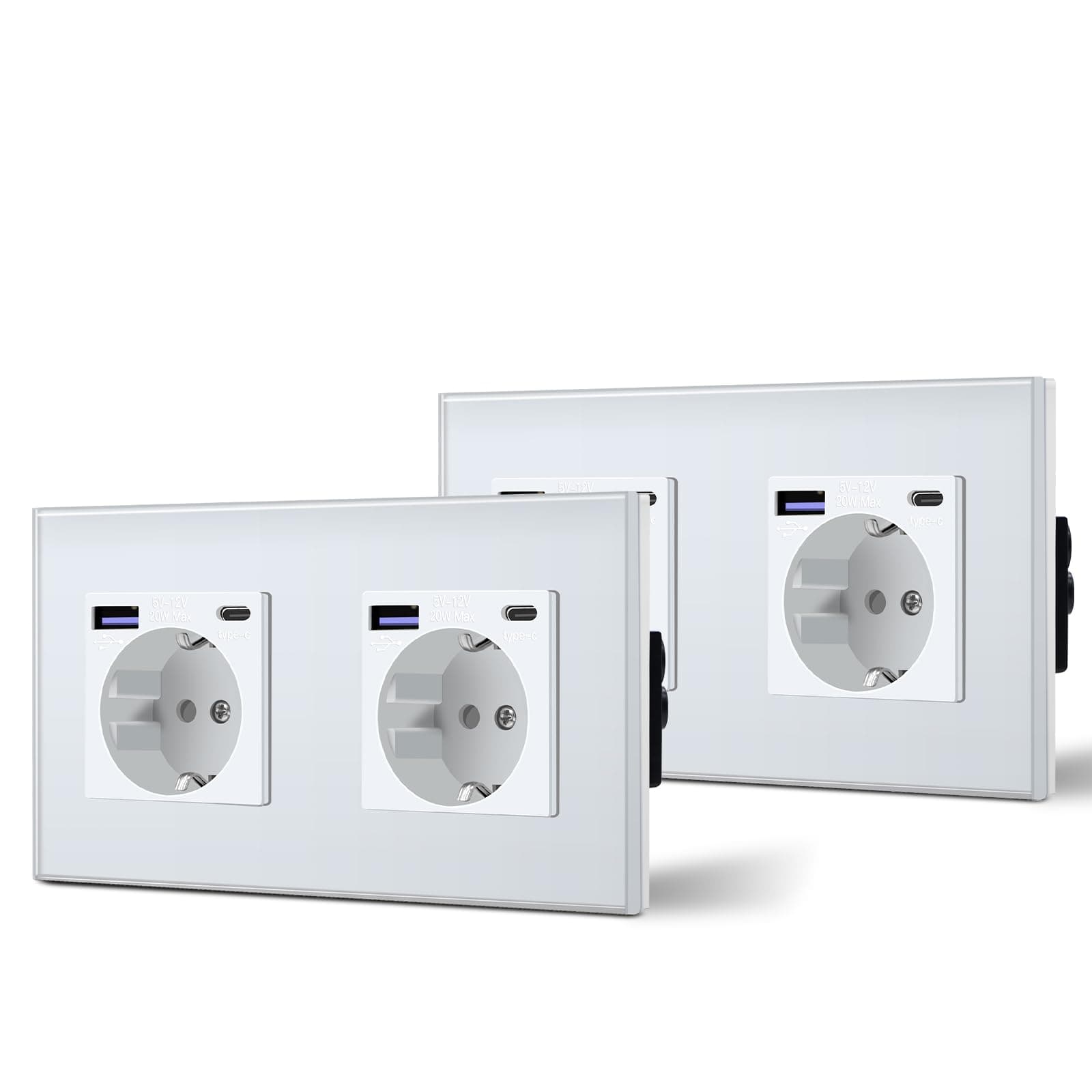 BSEED Enchufe Doble Pared con 20W USB y Tipo C,Enchufe USB C de Cristal,Carga Rápida,3 en 1，Fácil Instalación,2 Enchufes-2 Pack,157mm Blanco