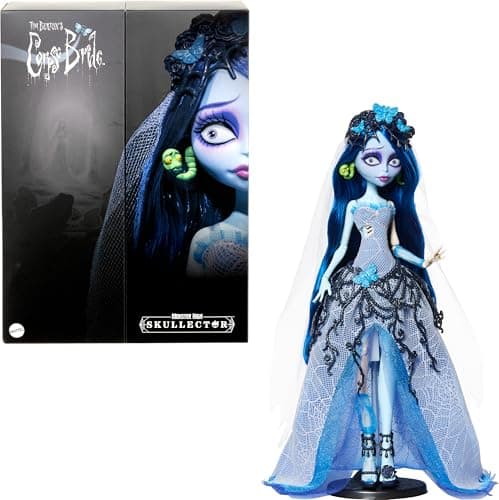 Monster High Skullector-Puppe, Corpse Bride Emily Sammelfigur, Spinnennetz-Hochzeitskleid im Gothic-Stil mit Zubehörteilen wie Gazeschleier und Puppenständer, JDR67