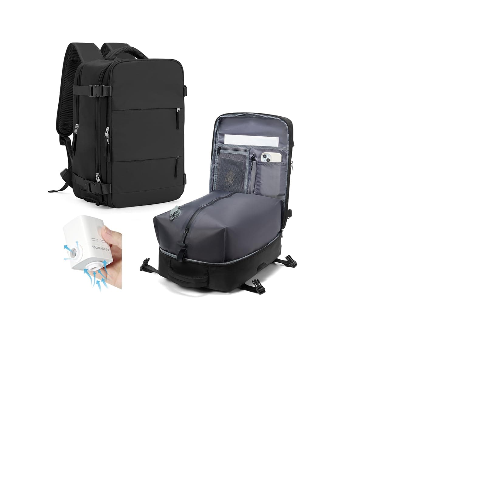 HPLQQ Mochila Viaje Cabina Avion 40x30x20 para Ryanair Mochilas de Vacío con Bomba Bolsa de Cabina Equipaje de Mano Cabina Avion Mochila de Senderismo Mochila Impermeable Cabina Mochila,L1-Negro