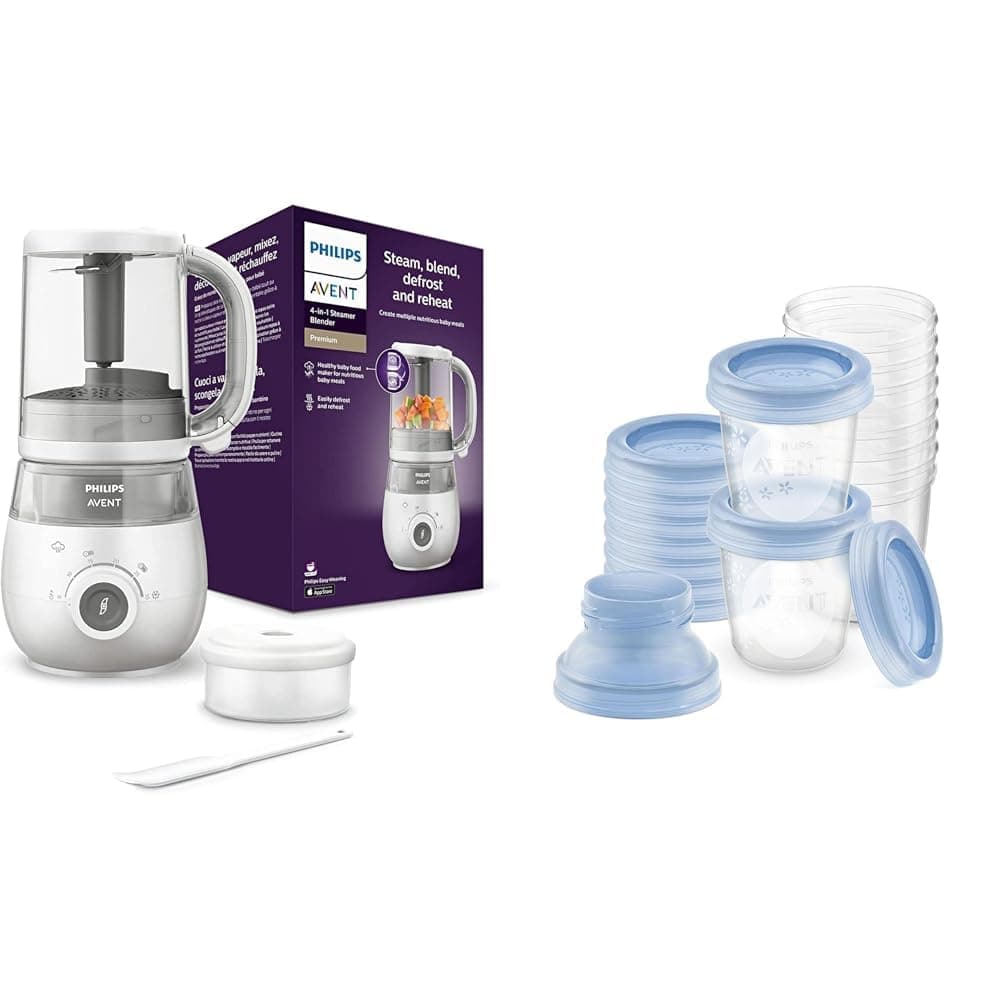 Set aus AVENT 4-in-1 Dampfgarer mit Mixer Premium, Babynahrungszubereiter, spülmaschinenfest, Modell SCF883/01 + Philips AVENT Aufbewahrungssystem für Muttermilch (Modell SCF618/10)