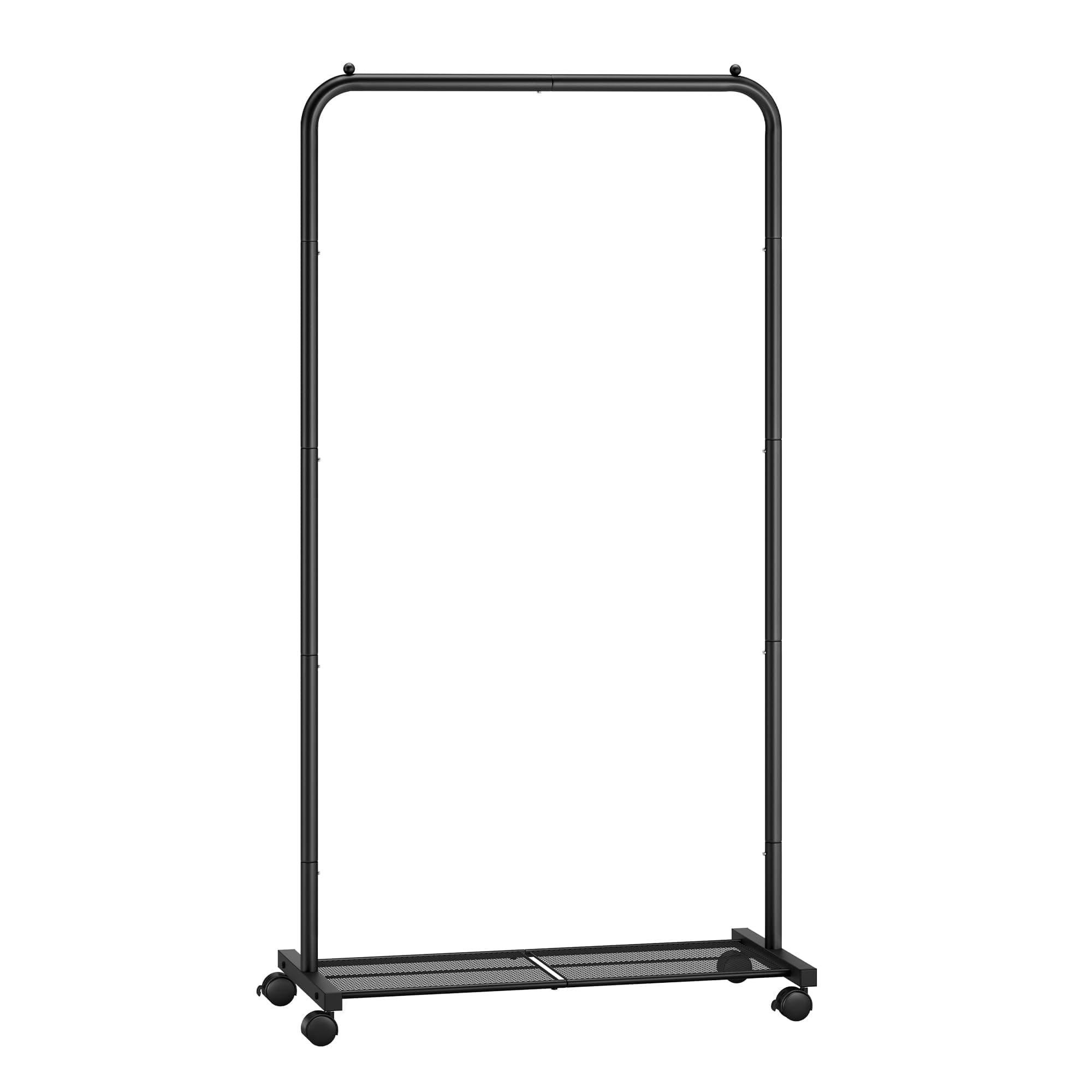 SONGMICS Stand Appendiabiti con Ruote, Appendiabiti Largo 74 cm, con Ripiano a Rete Fitta, Regge fino a 35 kg, 2 Ruote con Freno, Struttura in Metallo, Nero HSR130B01