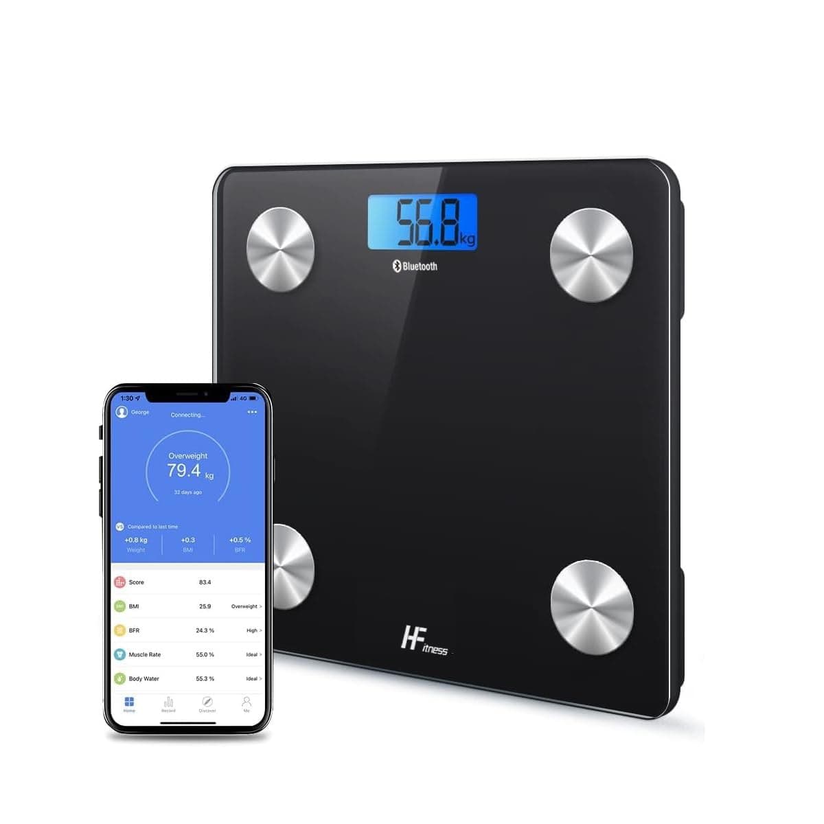 HomeFashion HFitness Báscula de Baño Digital 19 Indicadores de Composición Corporal, 28×28 cm Negra Báscula Inteligente con App, Análisis de Grasa y Masa Muscular, Peso e IMC para Fitness