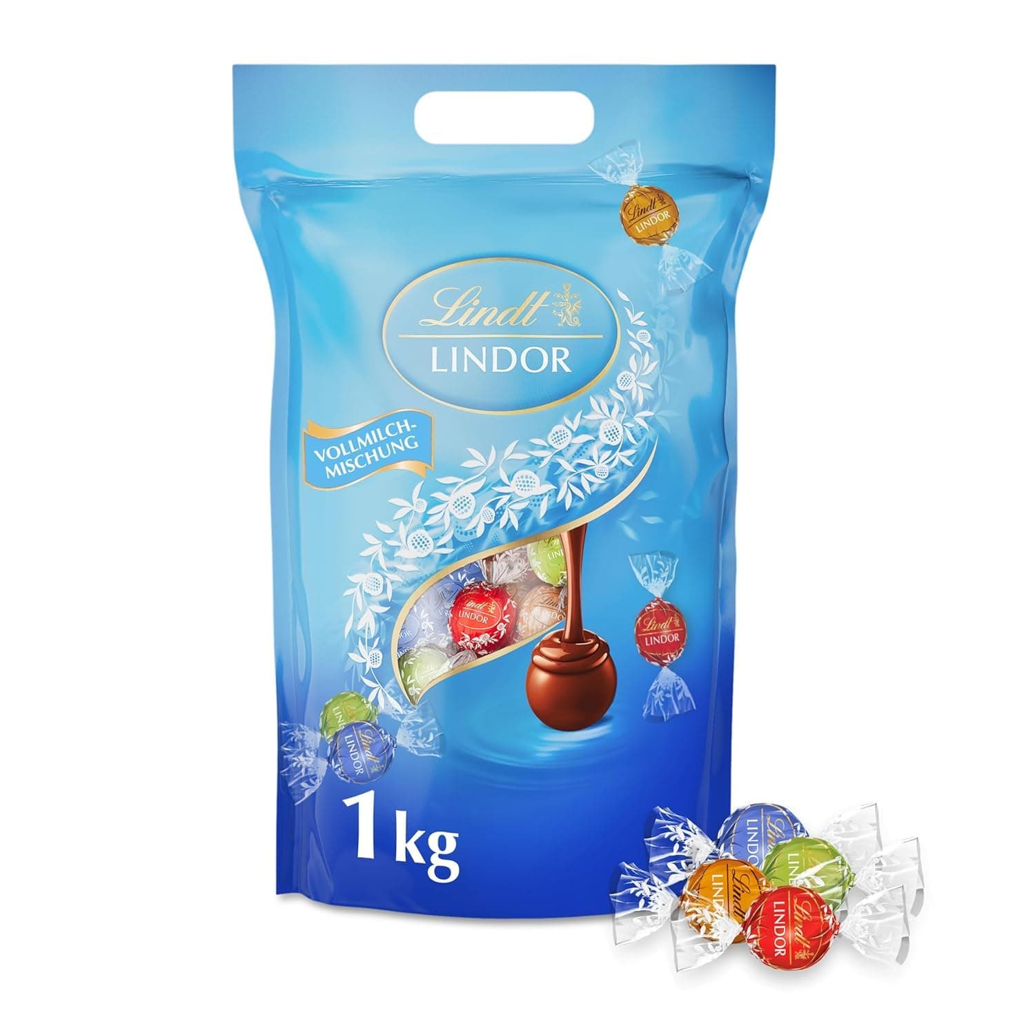 Lindt Schokolade LINDOR Kugeln Vollmilch Mischung | 1 KG Beutel, wiederverschließbar | ca. 80 Kugeln in 4 Sorten (Milch, Pistazie, Milchcrème, Caramel) | Großpackung | Schokoladengeschenk