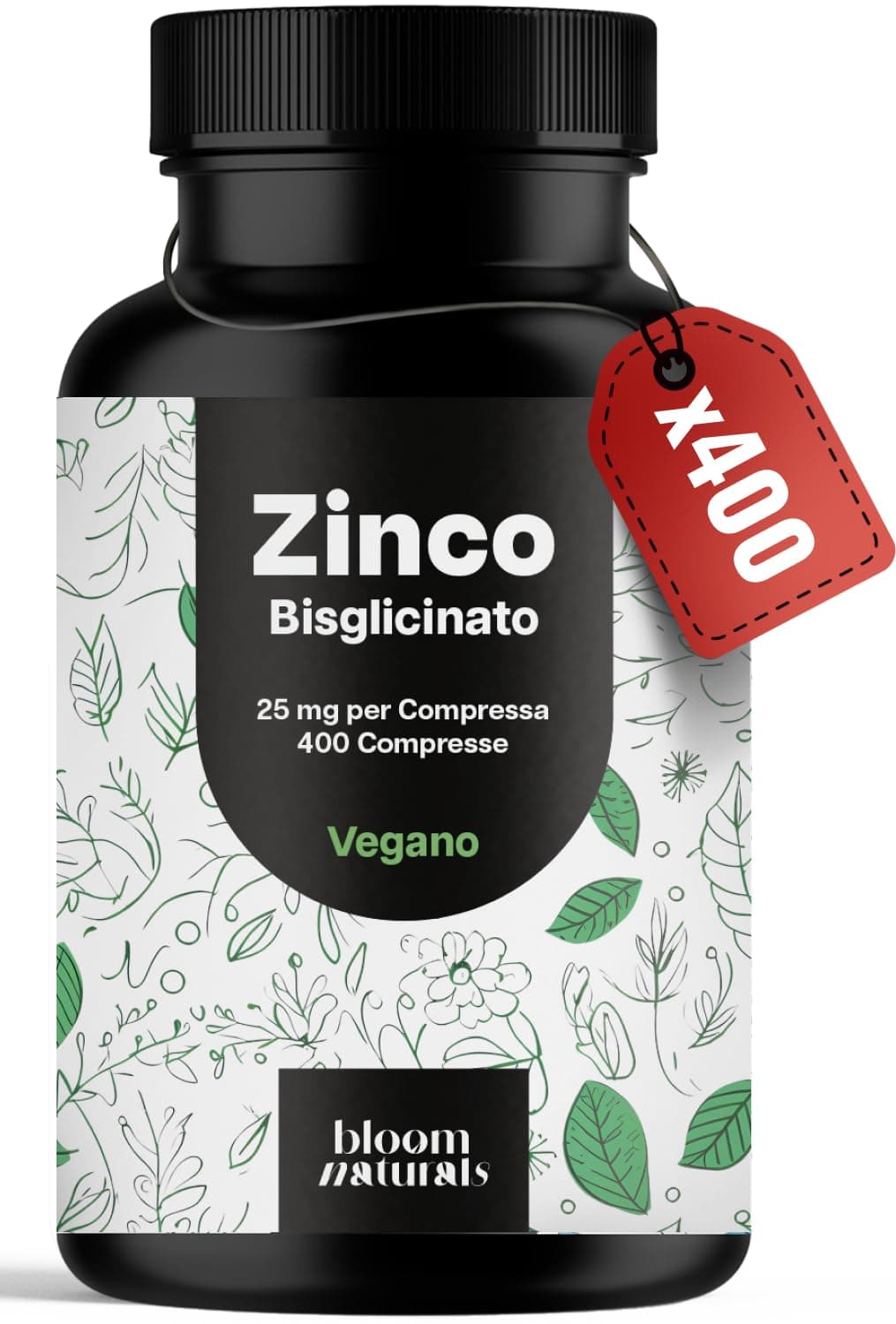 Zinco Integratore Bisglicinato - 400 Compresse - Alta Biodisponibilità, 25 mg per Compressa - Vegano & Prodotto in Germania - Integratore Zinco Bisglicinato Puro - Zinc - Testato in Laboratorio