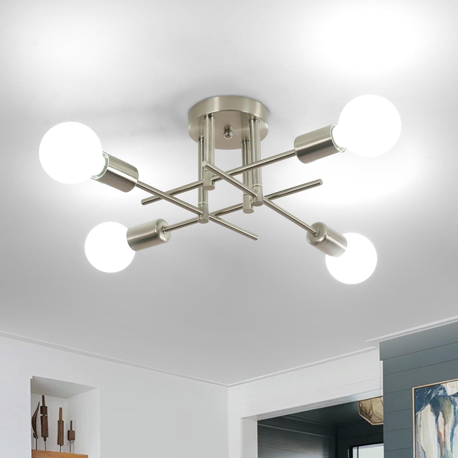 Comely 4 Luci Plafoniera Soffitto E27, Lampadario Industriale Moderna in Metallo, Lampada da Soffitto Retro per Soggiorno Camera da Letto Sala da Pranzo (Bianco Argento)