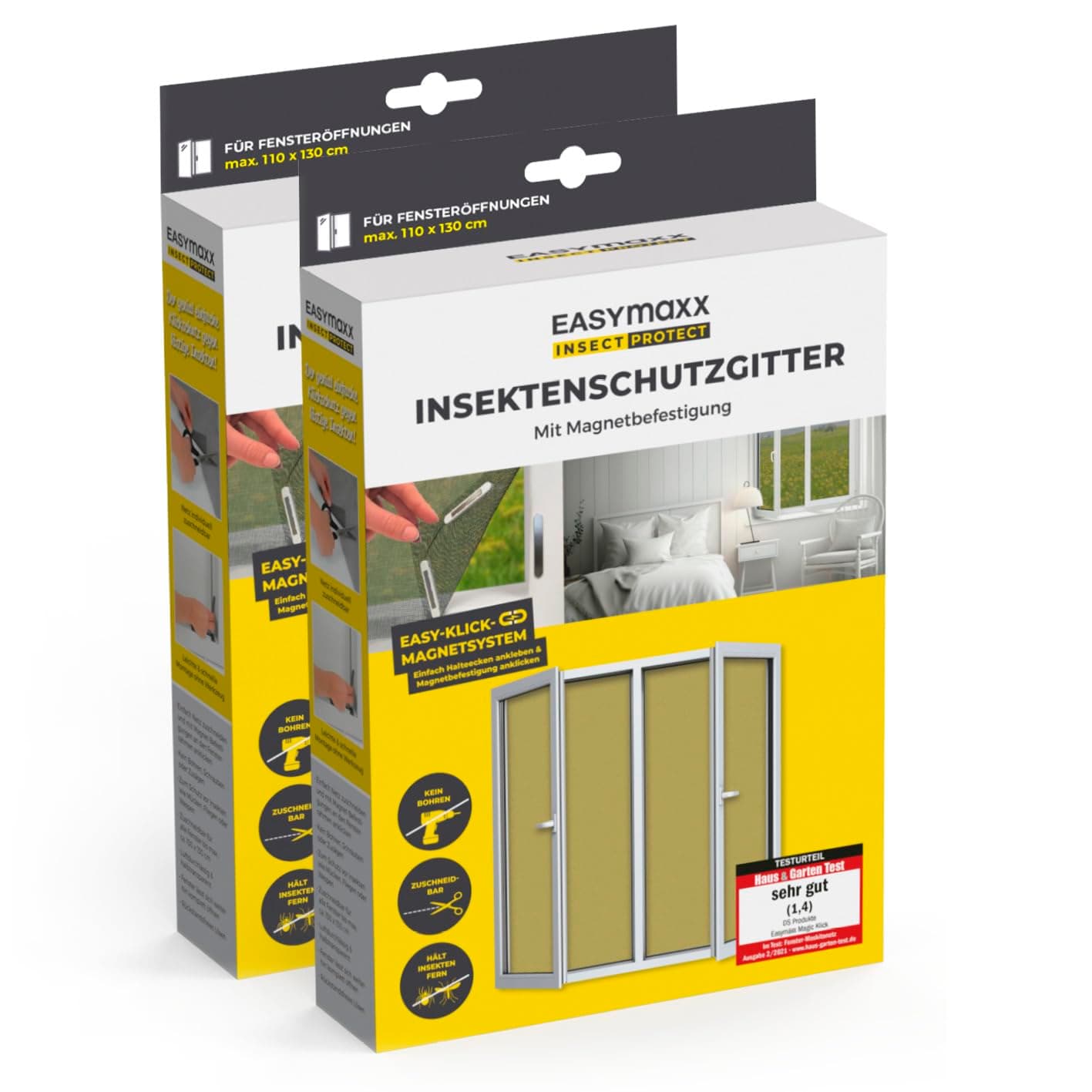 EASYmaxx Mosquitera para Ventanas con Magic Click | Cortada Individualmente a Medida para Todas Las Ventanas de hasta 110x130 cm | Fácil instalación con 12 imanes - sin taladrar ni atornillar 2 Piezas