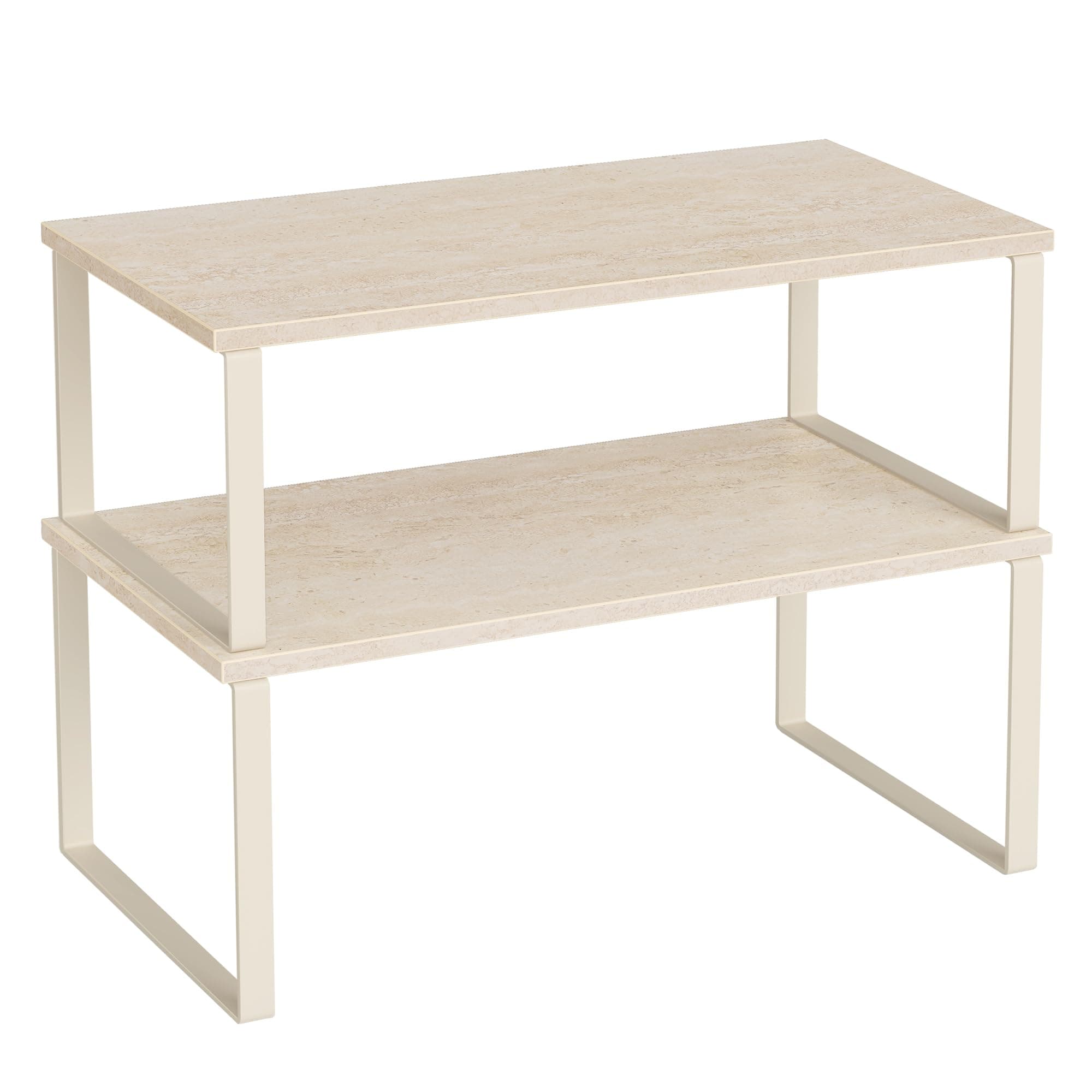 SONGMICS Gewürzregal, 2er Set Küchen-Organizer, Küchenregal, Schrank-Organizer Küche, erweiterbar, kleines Regal, stapelbar, Metall und Holzwerkstoff, travertinbeige-cremeweiß KCS025L01