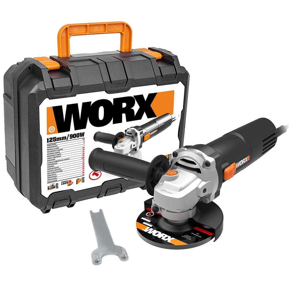 WORX Amoladora angular WX718 de 900 W. Amoladora compacta con mango ajustable y mango adicional sin vibraciones para lijar y cortar. Diámetro del disco de 125 mm. Velocidad de ralentí 12000/m