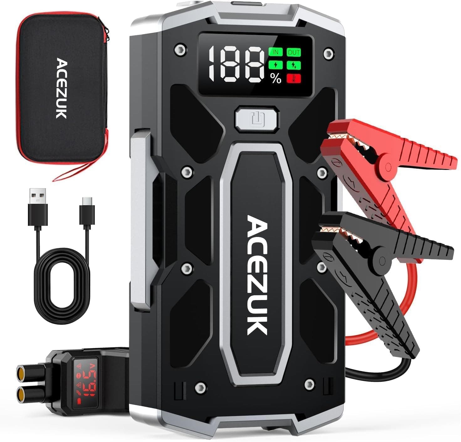 ACEZUK Booster Batterie Voiture 8000A, Démarreur de Batterie de Voiture Portable(Jusqu'à 8.0L Diesel ou 10.0L Gaz), 12V Jump Starter, Pinces Intelligentes avec Écran, Lumière LED, Port de QC3.0