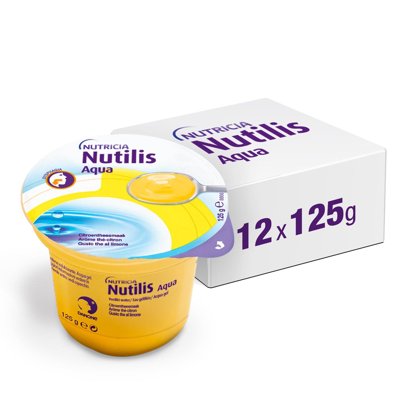 NUTILIS AQUA GEL - Acqua Gelificata per la Gestione Dietetica della Disfagia, Senza Zucchero, Glutine e Lattosio, Alimento a Fini Medici Speciali, Gusto Thè al Limone - 12 x 125g