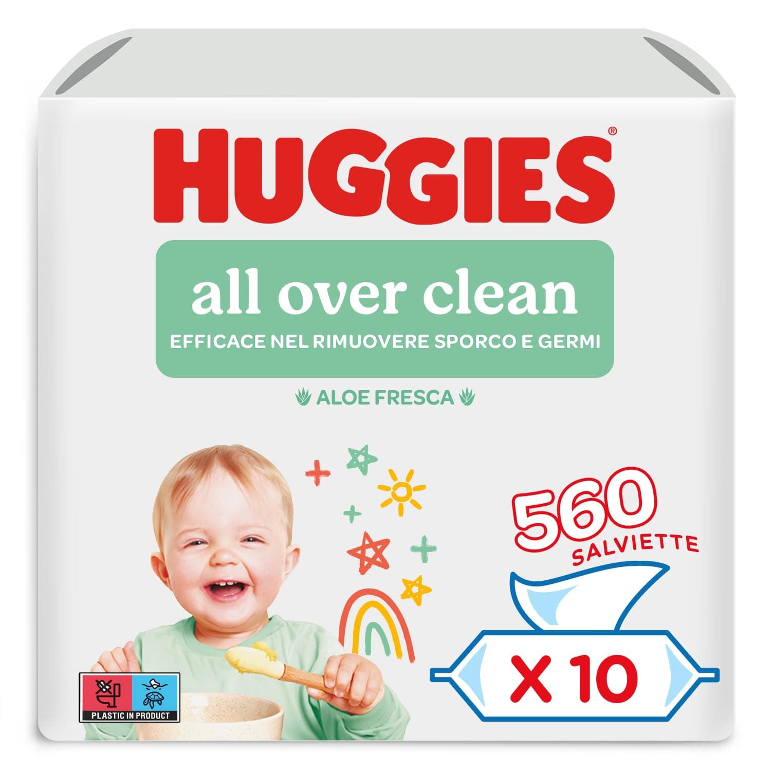 Huggies All Over Clean Salviette Umidificate per Bambini, 560 Salviette, Con Aloe Vera e 99% di Acqua pura, (10 pacchi x 56 pz)
