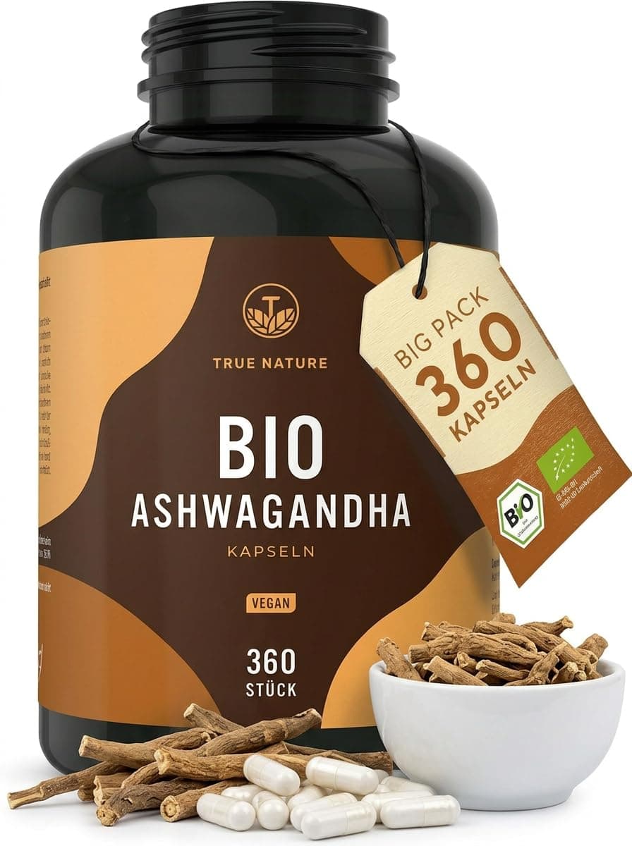 Bio Ashwagandha - 360 Kapseln (BIG PACK) - Hochdosierte 2600mg pro Tag (90 Tage) - 650mg pro Kapsel - indische Bio Schlafbeere - Vegan, Laborgeprüft, Deutsche Produktion - TRUE NATURE