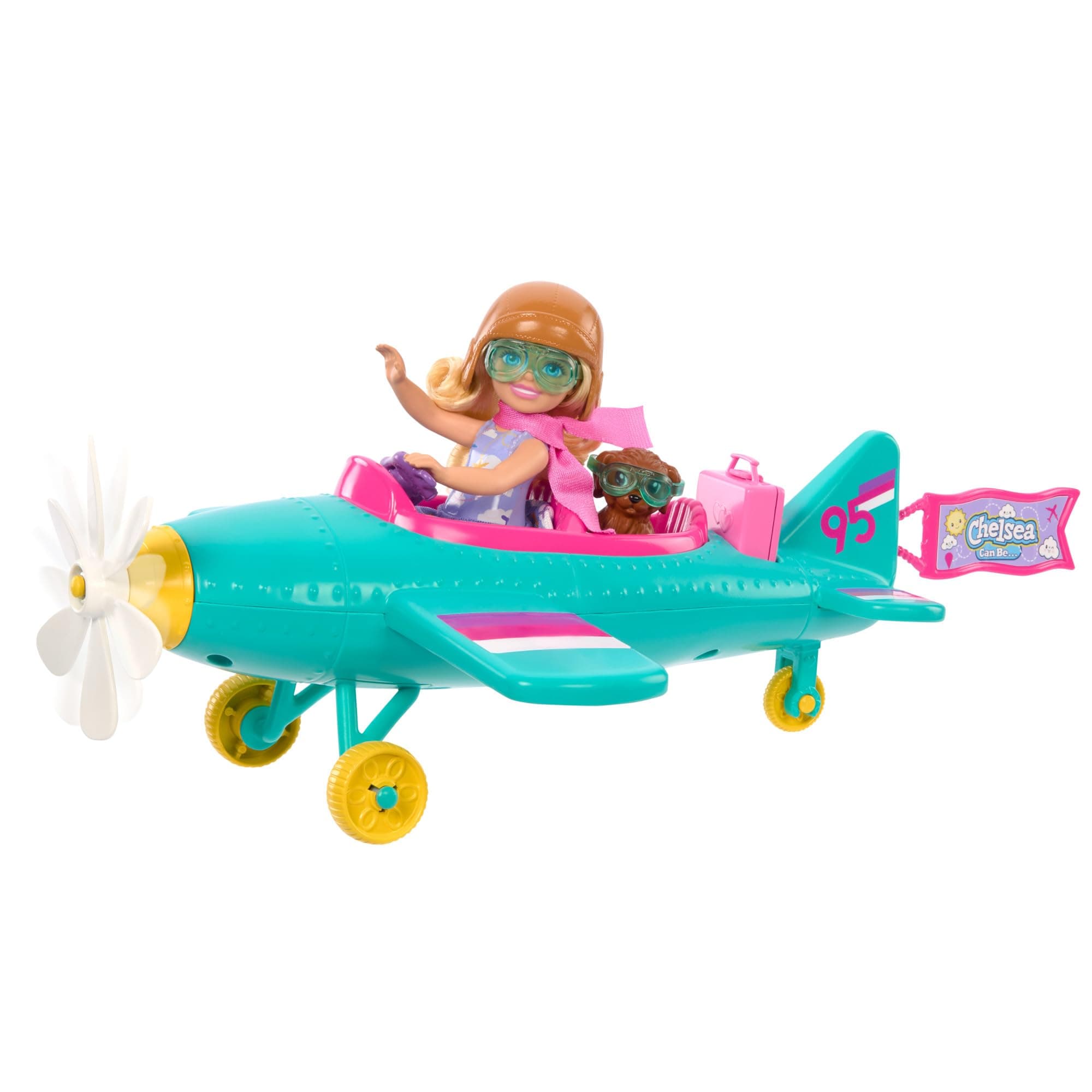 Barbie Chelsea Flugzeug Puppe und Spielset - Pilotenpuppe, Flugzeug, Hündchen und Zubehör für Geschichtenerzählen, rollende Räder und blumenförmiger Propeller, ab 3 Jahren, HTK38