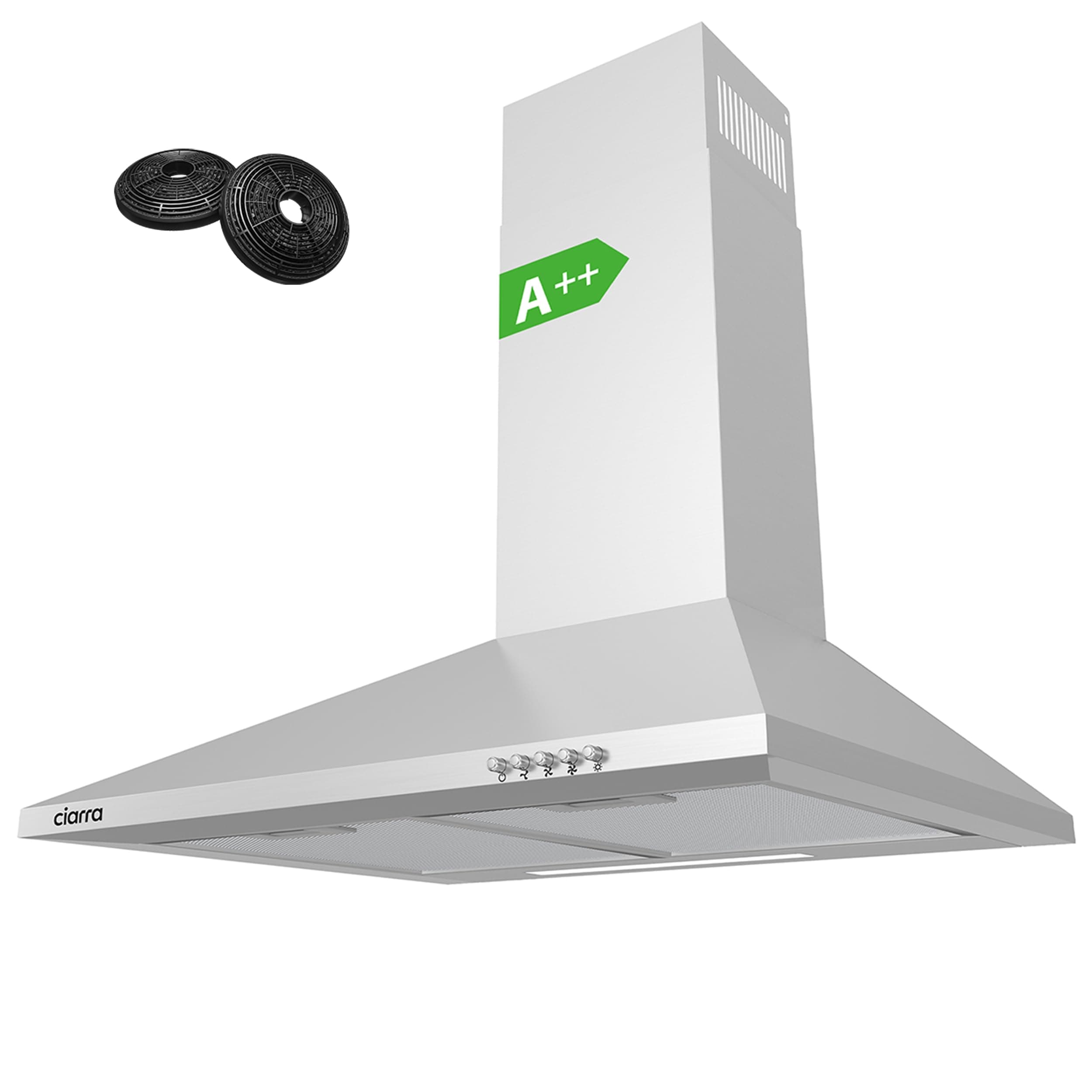 CIARRA CBCS6201 Campana Extractora 60cm 370m³/h 40W Clase A++- 3 Velocidades de Extracción - Evacuación al Exterior y Recirculación Interna por Filtro de Carbón CBCF002X2 - Acero Inoxidable