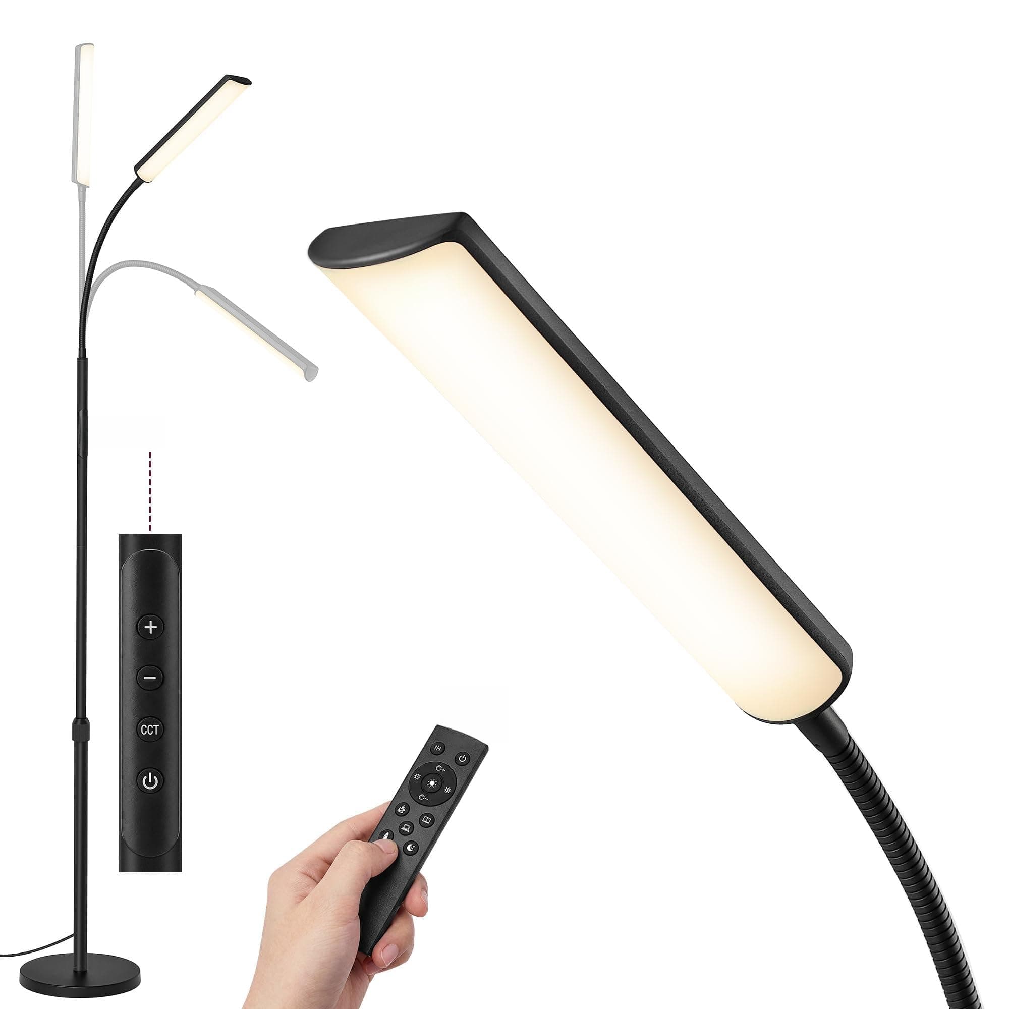 VASAGLE Lámpara de Pie, Altura Ajustable 141-175 cm, Lámpara Moderna de 15 W con Cabezal Flexible de 360°, Temporizador y Función de Memoria, Botón y Mando a Distancia, Salón, Negro Mate LFL007BD02