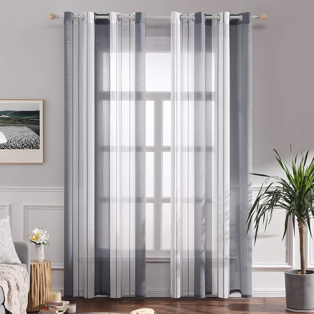 MIULEE Cortinas Salon Modernas con Rayas Blanco y Gris, Bonitas Cortinas Dormitorio Juvenil con Ojales, Translucidas Visillos para Ventanas Habitacion, Visillos Salón 2 Piezas, 2X A140xL225CM