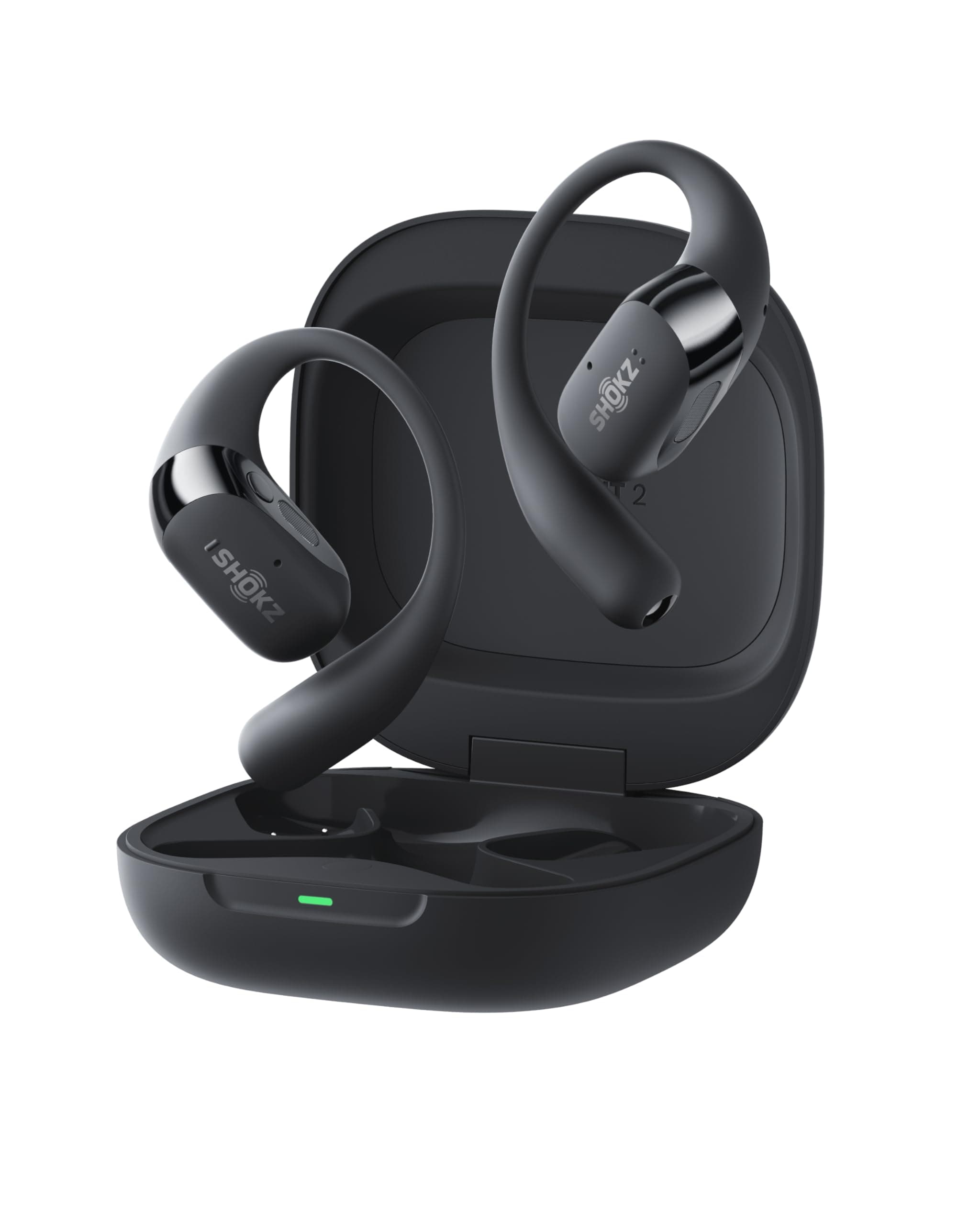 SHOKZ OpenFit 2+ Neu Open-Ear-Kopfhörer, Dolby Audio Ohrbügel-Ohrhörer, 48 Std. Spielzeit, IP55 wasserfeste Bluetooth-Ohrhörer mit Mik., kabelloses Laden, USB-C-Schnellladen, mit Tragetasche, Schwarz