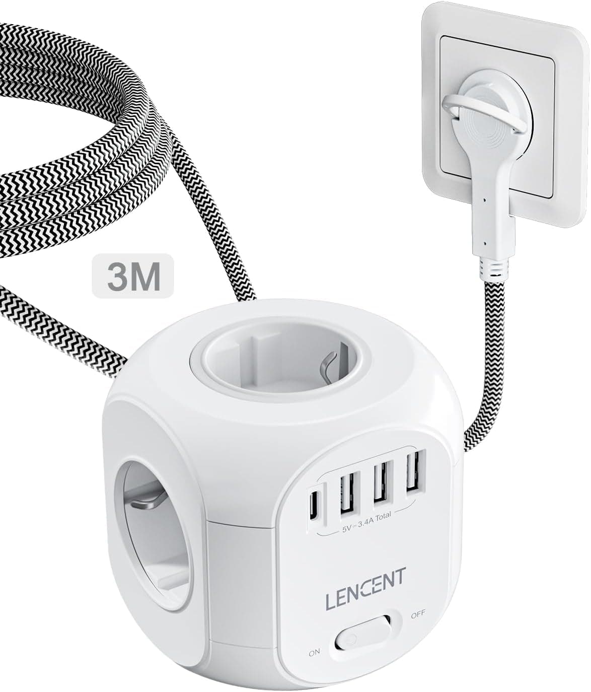 LENCENT Cubo Regleta Enchufes 3M con Enchufe Plano Regleta para Uso Interior, Regleta Enchufes Plano con 4 Tomas de CA, 3 USB y 1 Tipo C para Familia, Cocina y Oficina
