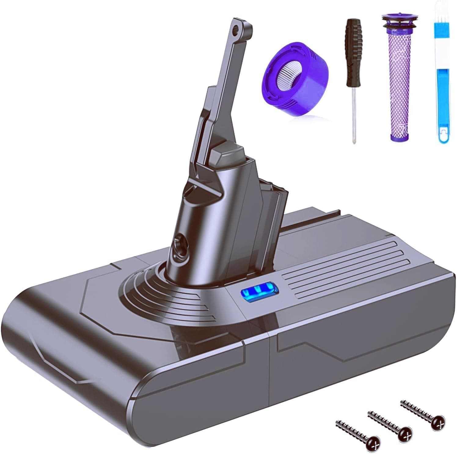 FLYLINKTECH V8 6000mAh Remplacement Batterie Dyson V8 SV10 Li-ion Batterie pour Dyson V8 Absolute Fluffy Animal SV10 Aspirateur à main sans fil avec pack de 2 filtres + brosse de nettoyage + tournevis