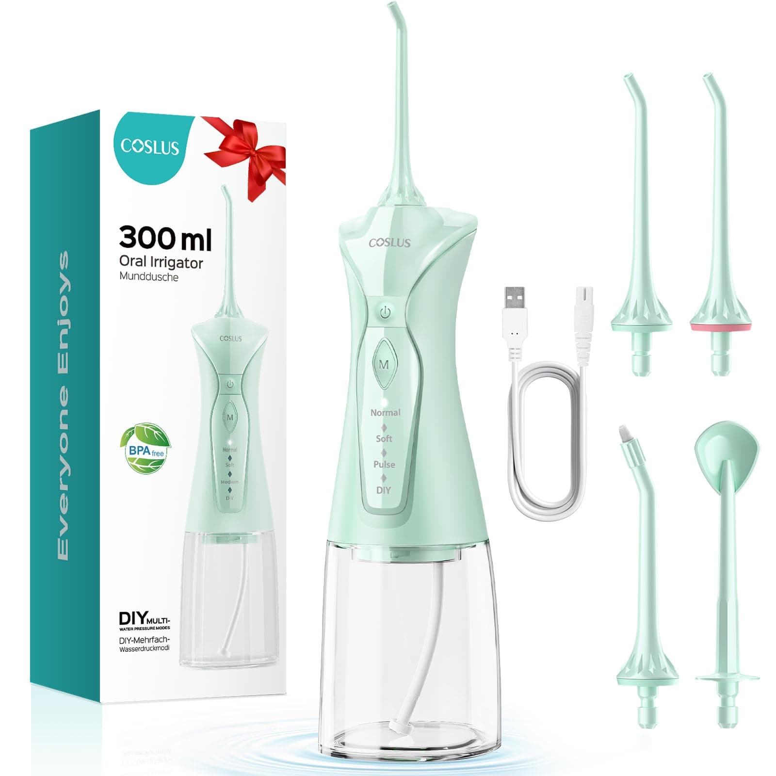 COSLUS C30 Idropulsore Dentale Portatile: 300ml Irrigatore Orale Senza Fili, 4 Modalità Idropulsore Dentale, Vincitore del Test 30 Giorni, Facile da Usare, IPX7 Impermeabile, Verde