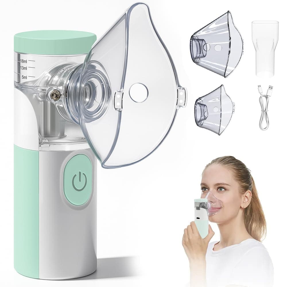 Nebulizador portátil silencioso recargable, atomización y absorción eficientes, accesorios con 2 máscaras y 1 boquilla, adecuados para adultos y niños, uso familiar y viajes (Verde menta)
