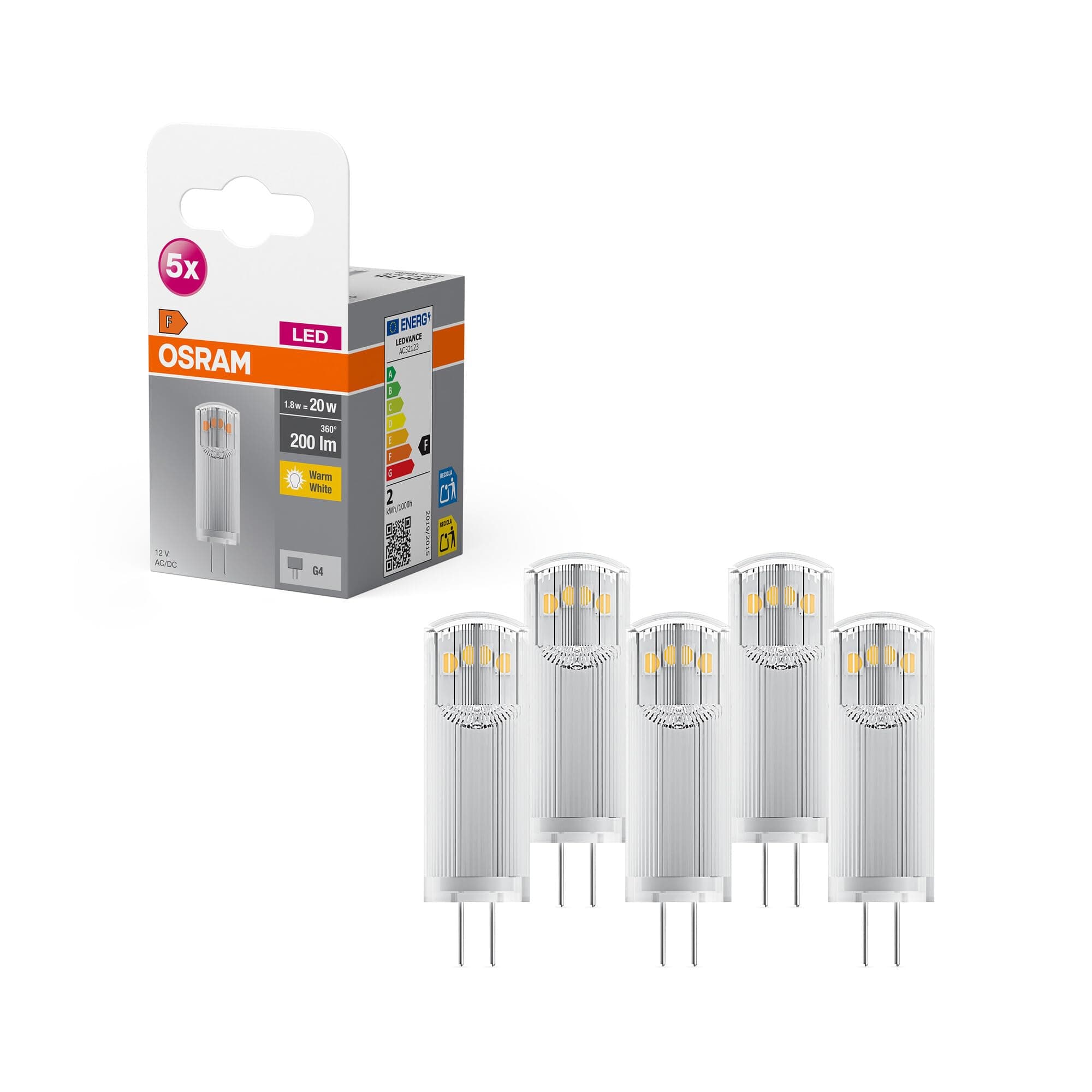 Osram Star PIN LED-Lampe für G4-Sockel, klares Glas,Warmweiß (2700K), 200 Lumen, Ersatz für herkömmliche 20W-Leuchtmittel, nicht dimmbar, 5-er Pack