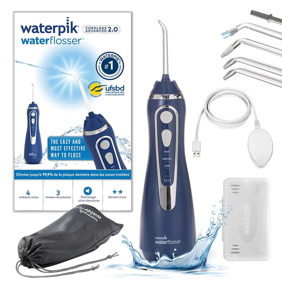 Waterpik Advanced - Hydropulseur Dentaire Sans Fil, Jet Dentaire Portable Rechargeable avec Câble USB, Élimine la Plaque, 3 Niveaux de Pression, Bleu (WP-583EU)