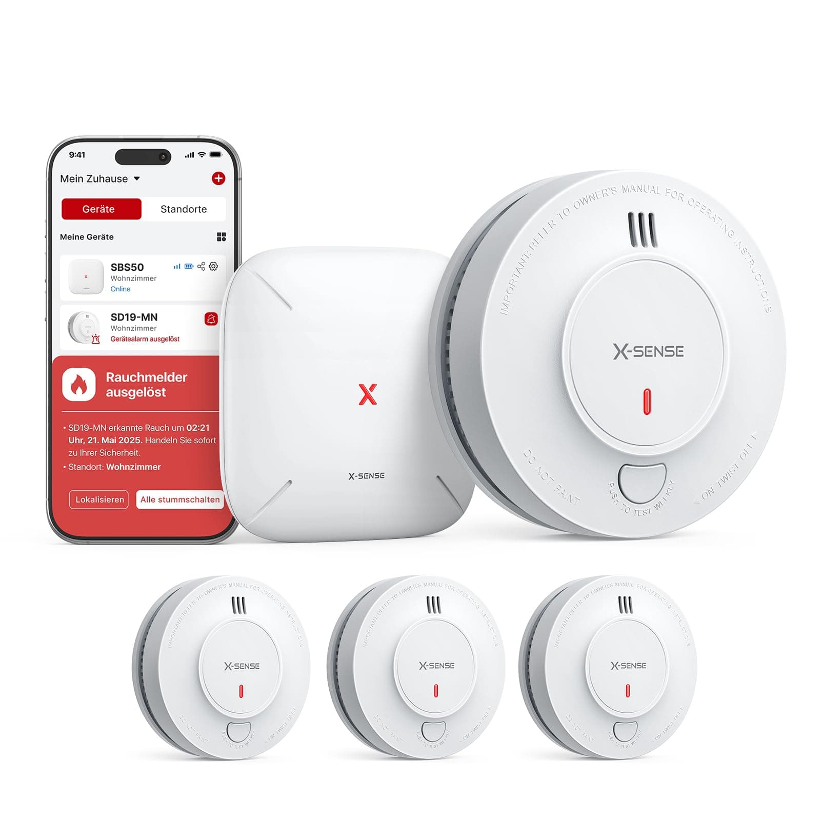 X-Sense Smart WLAN-Rauchmelder mit 10-Jahres-Batterie und SBS50 Basisstation, photoelektrischer vernetzbarer Funk-Brandmelder, SD19-MN31, 3 Stück