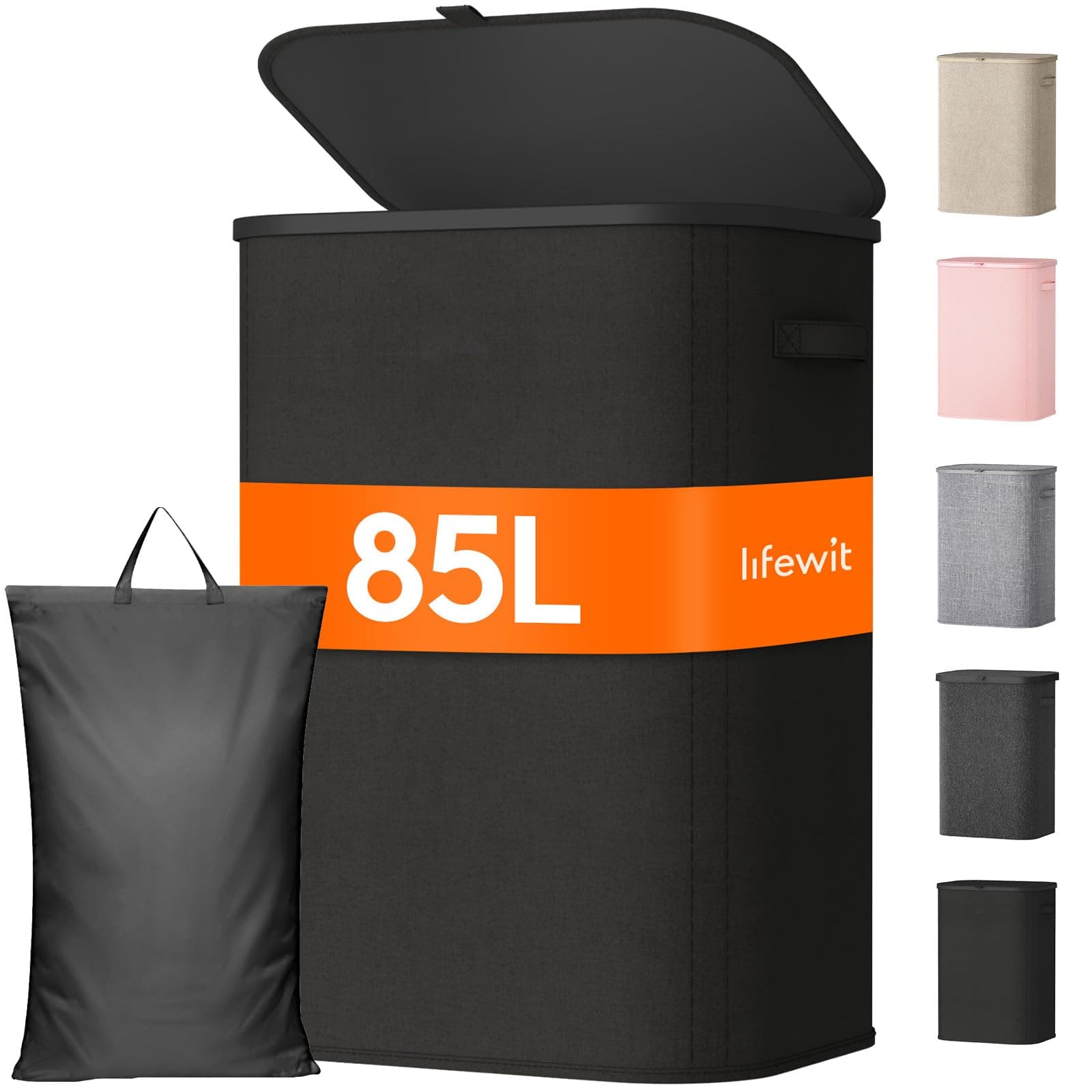 Lifewit Wäschekorb mit Deckel, 85L Wäschesammler mit Kunststoffrahmen, faltbarer großer Wäschesortierer, Wäschebox Laundry Baskets für Schlafzimmer, Bad, Schwarz