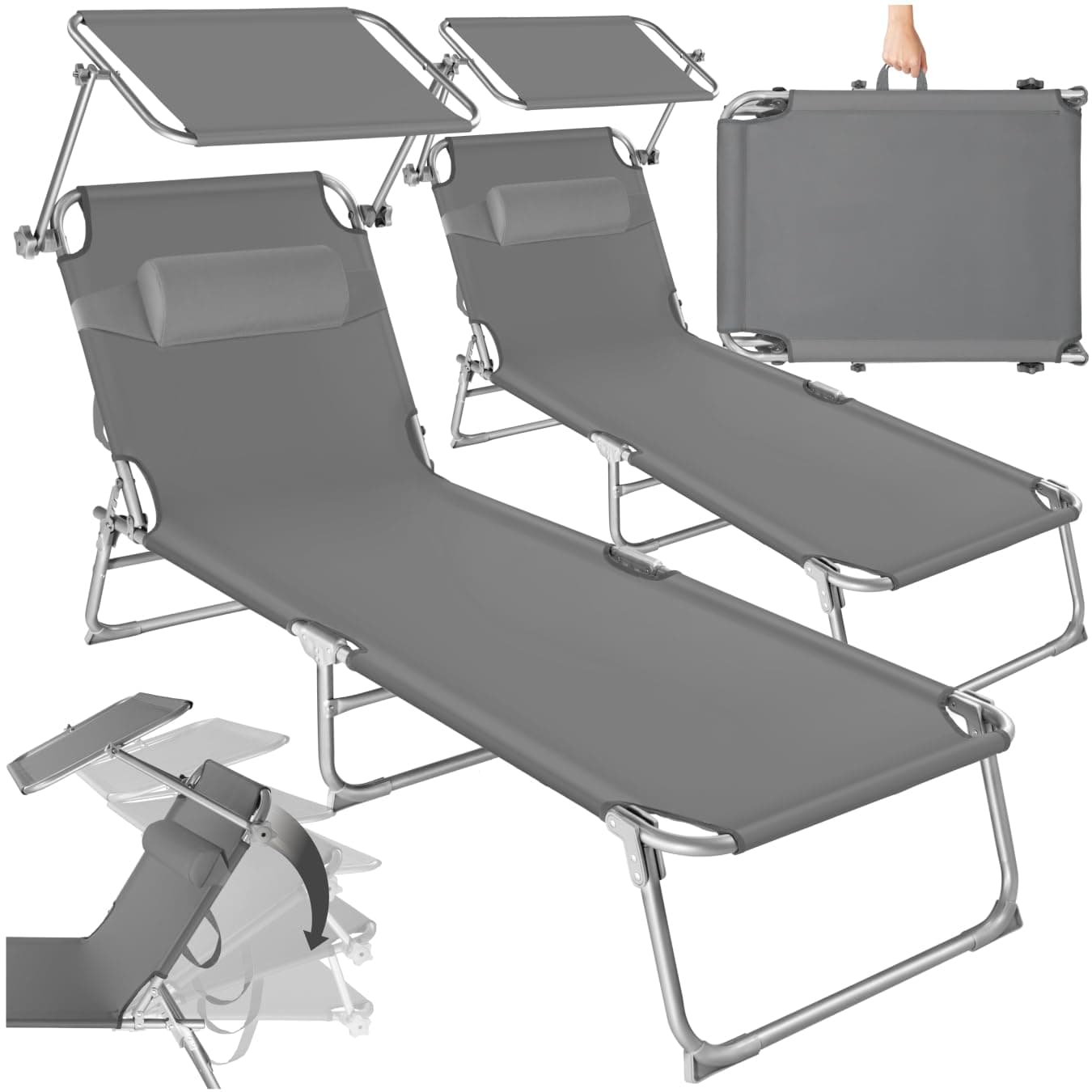 tectake 2er Set Sonnenliege - leicht und klappbar, leichte Liege für Camping und Garten, Perfekter Liegestuhl mit Dach, transportable und zusammenklappbar mit Griff