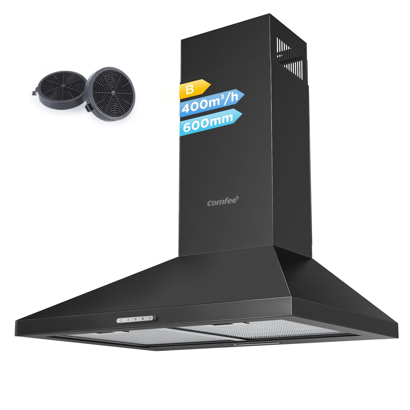 COMFEE' PYRA17B-60 Campana extractora 60 cm Campana extractora negra con LED, 400 m³/h, sistema de recirculación y canalización y filtros de carbón