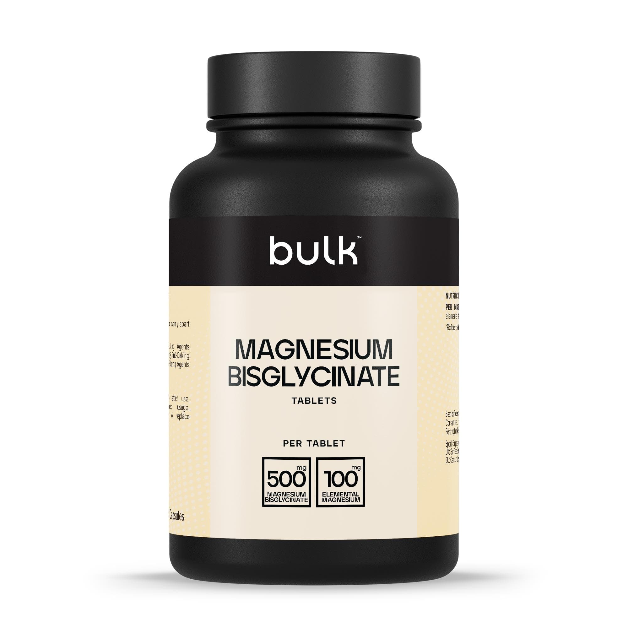 Bulk Comprimés de bisglycinate de magnésium, 500mg, 60 Comprimés, Absorption élevée, Favorise la fonction musculaire, Sommeil, Santé osseuse et énergie, Végan, Sans OGM, Les emballages peuvent varier