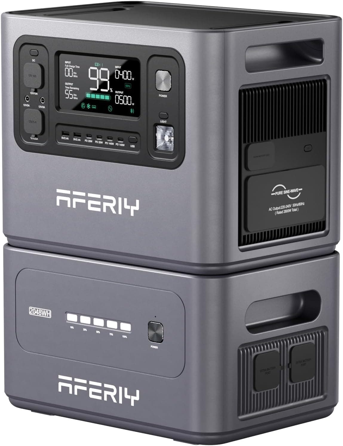 AFERIY 4096Wh - Generador eléctrico (2800 W, con 1 batería adicional, estación eléctrica portátil, capacidad ampliable, generador solar para uso doméstico/autocaravana/fallo de corriente