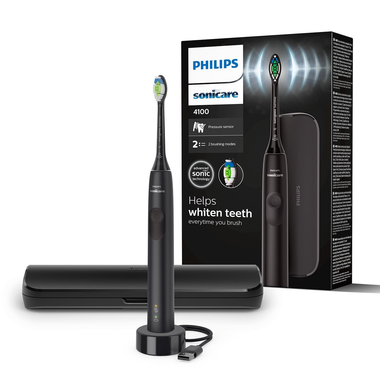 Philips Sonicare 4100 – elektrische Sonicare Zahnbürste für Erwachsene mit 1 x Philips W2 Optimal White Bürstenkopf in Schwarz, schlankem Reiseetui und USB-Ladegerät (Modell HX3683/54)