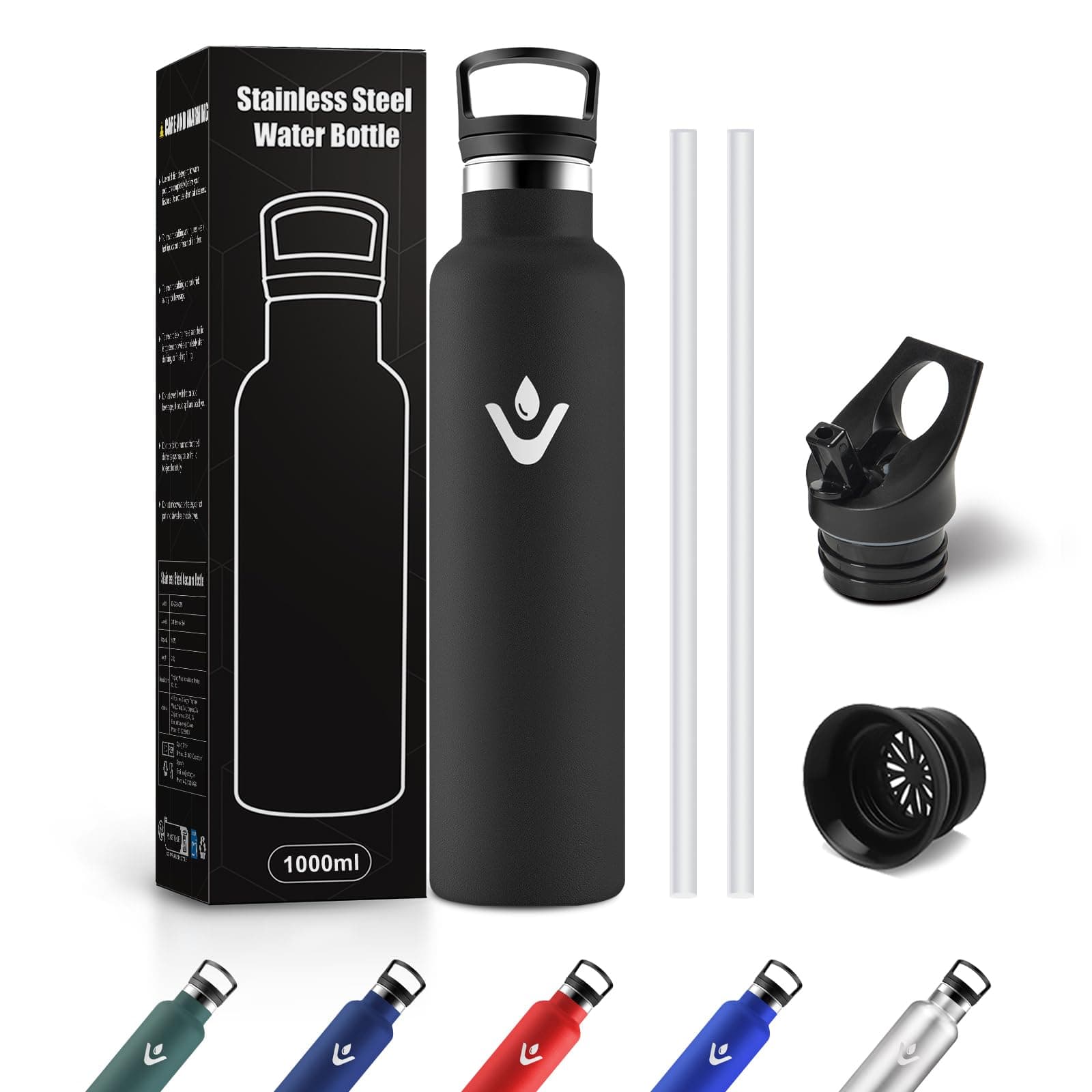 JAPORIA Borraccia Acciaio Inox 1L, Termos con Cannuccia, a prova di perdite, Riutilizzabile, senza BPA, Bottiglia per Uffici, Viaggio, Ciclismo