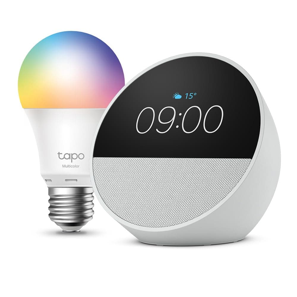 Echo Spot | Weiß + Tapo L530EA (E27) Lampe, kompatibel mit Amazon Alexa - Smart Home-Einsteigerpaket